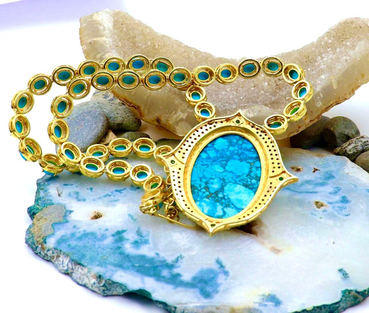Brilliant Cut Bochic “Capri” Diamonds, Emeralds & Turquoise Necklace Set In 18K & Silver For Sale