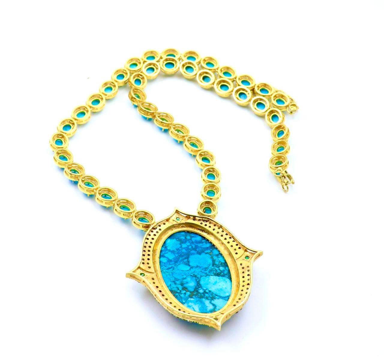 Women's or Men's Bochic “Capri” Diamonds, Emeralds & Turquoise Necklace Set In 18K & Silver For Sale