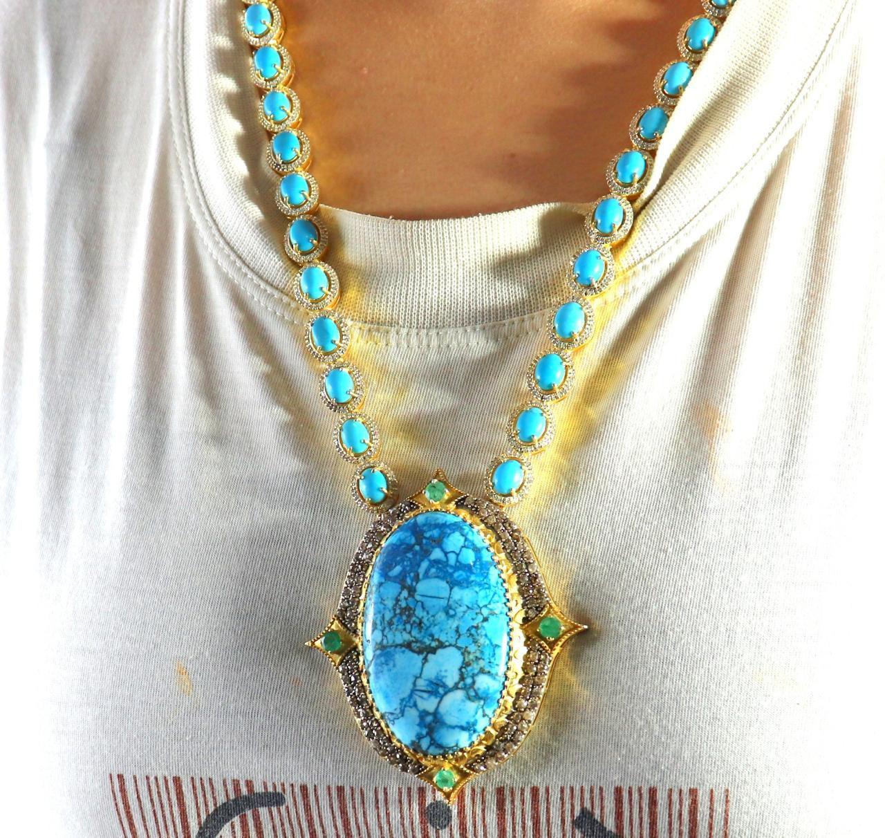 Bochic “Capri” Diamonds, Emeralds & Turquoise Necklace Set In 18K & Silver For Sale 1