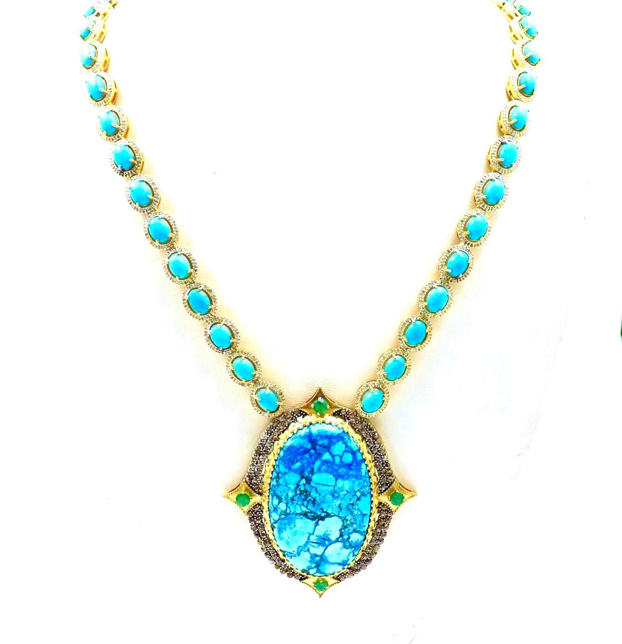 Bochic “Capri” Diamonds, Emeralds & Turquoise Necklace Set In 18K & Silver For Sale 2