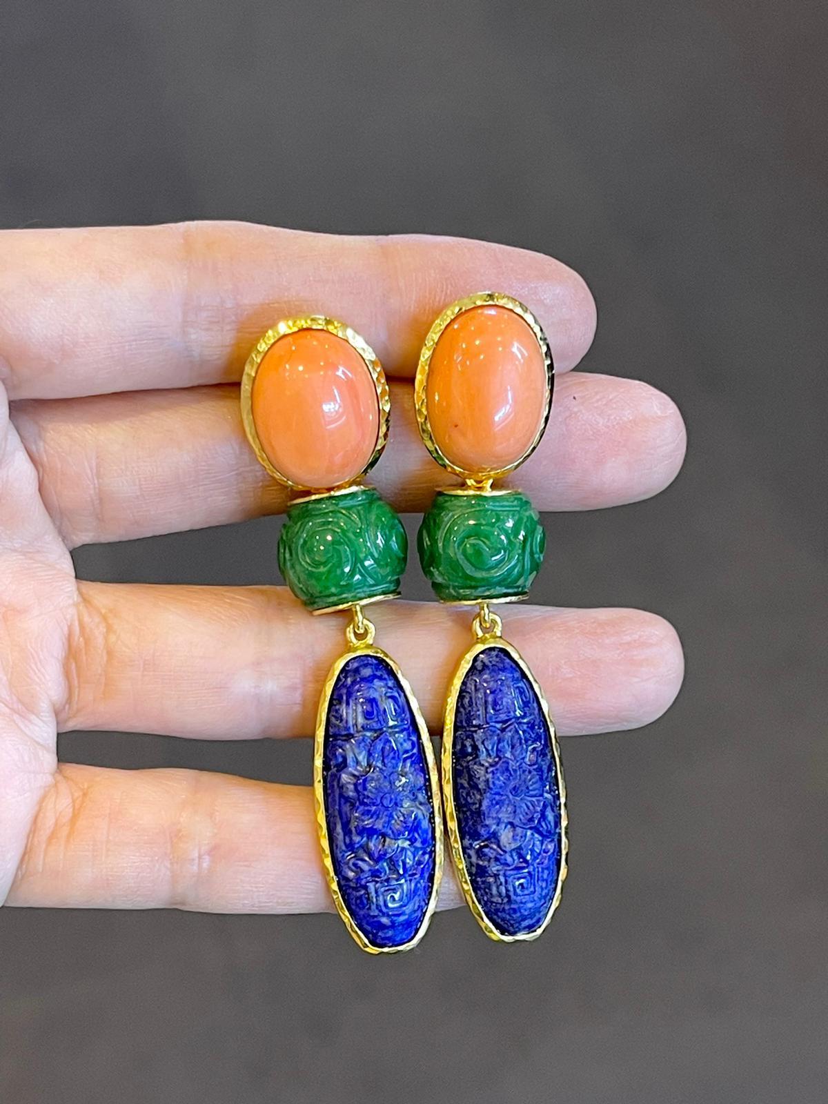 Bochic “Orient” Coral, Jade, Lapis set in 22K Gold & Silver 
Salmon pressed Coral 
Carved green Jade 
Lapis lazuli carved oval shape 
Set in 22K Gold and Silver 
This earrings are the perfect cross between fashion jewlery to fine jewlery
Day to