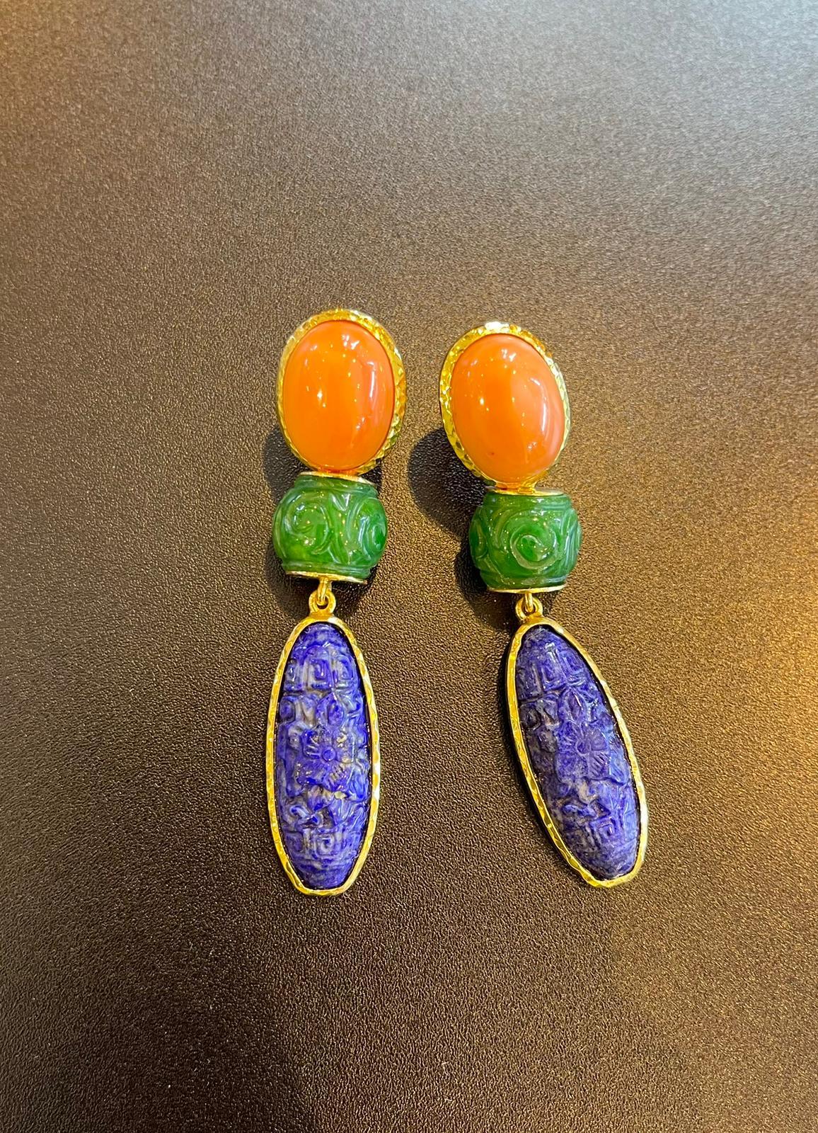 Cabochon Bochic “Orient” Coral, Jade, Lapis set in 22K Gold & Silver  For Sale
