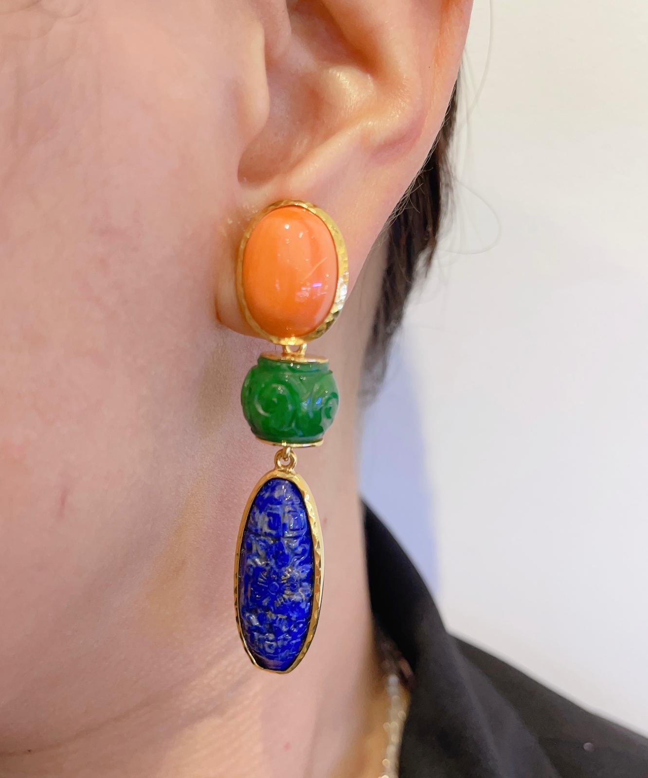 Bochic “Orient” Coral, Jade, Lapis set in 22K Gold & Silver  In New Condition For Sale In New York, NY