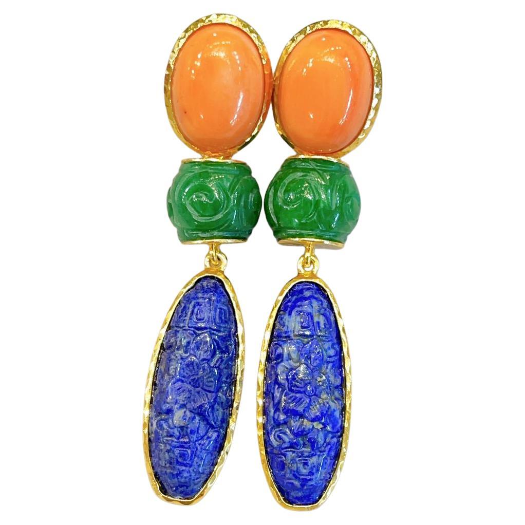 Bochic “Orient” Coral, Jade, Lapis set in 22K Gold & Silver  For Sale