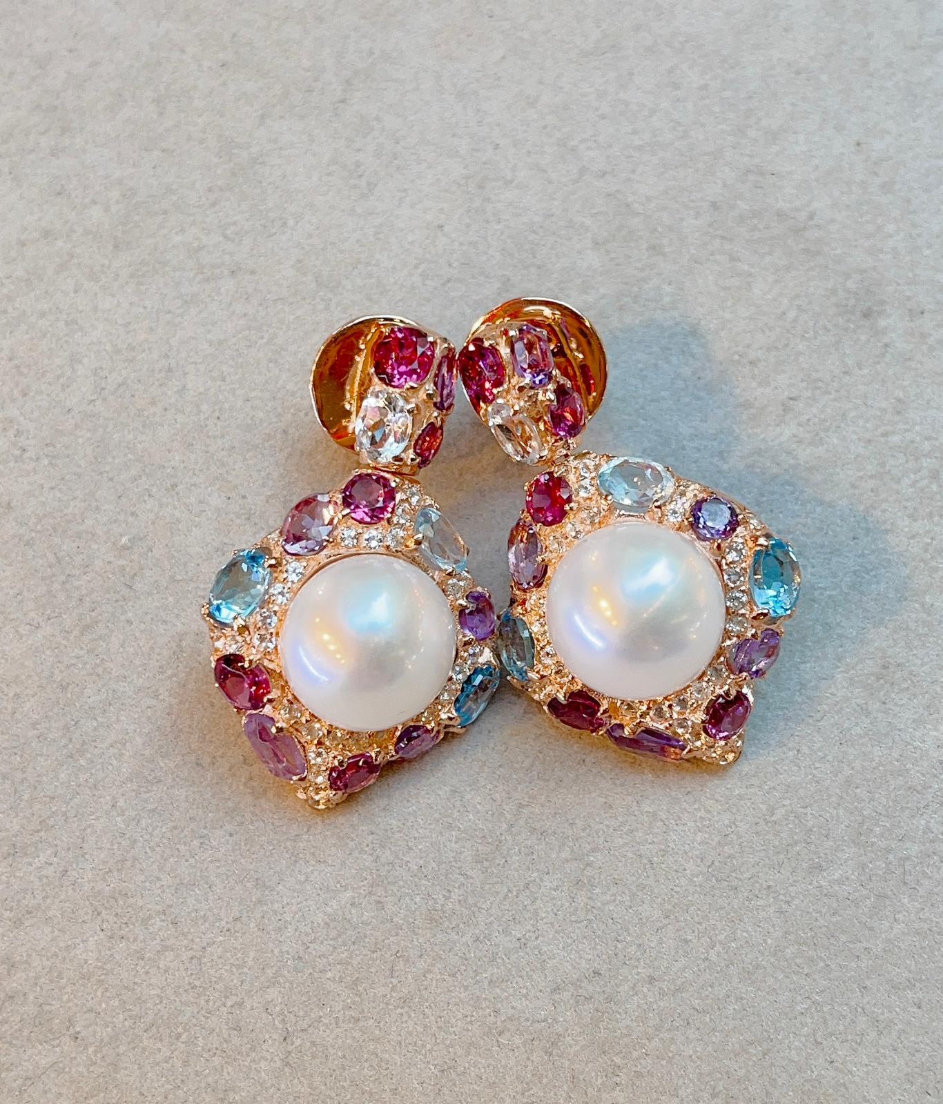 Baroque Bochic “Capri” South Sea Pearl Earrings with Natural Amethyst, Topaz & Rdorite For Sale