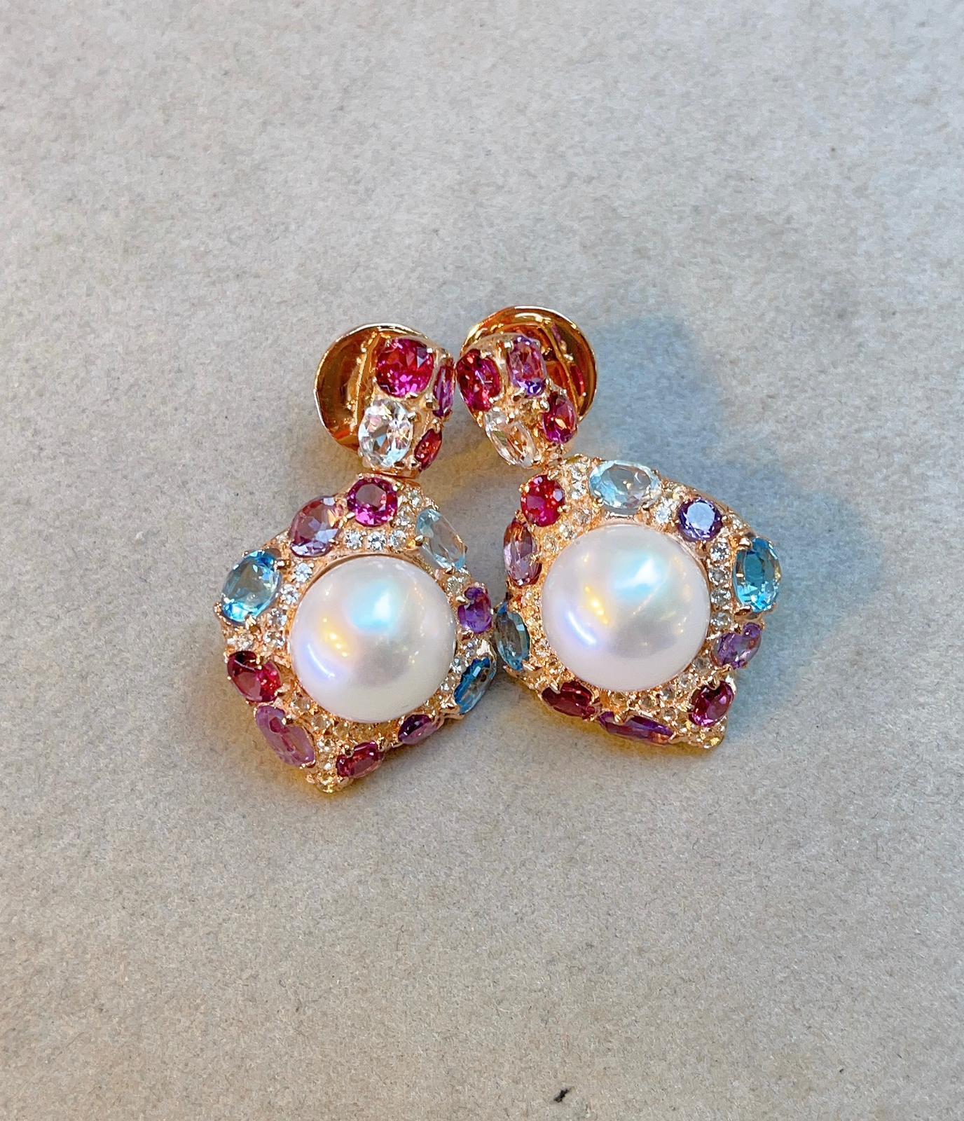 Oval Cut Bochic “Capri” South Sea Pearl Earrings with Natural Amethyst, Topaz & Rdorite For Sale