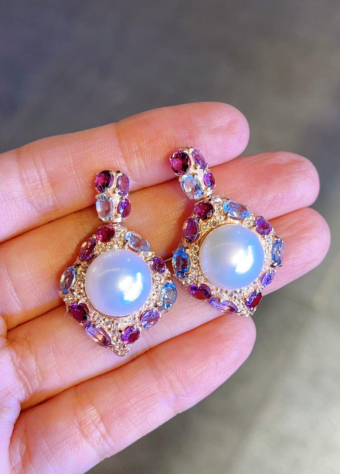 Bochic “Capri” South Sea Pearl Earrings with Natural Amethyst, Topaz & Rdorite In New Condition For Sale In New York, NY