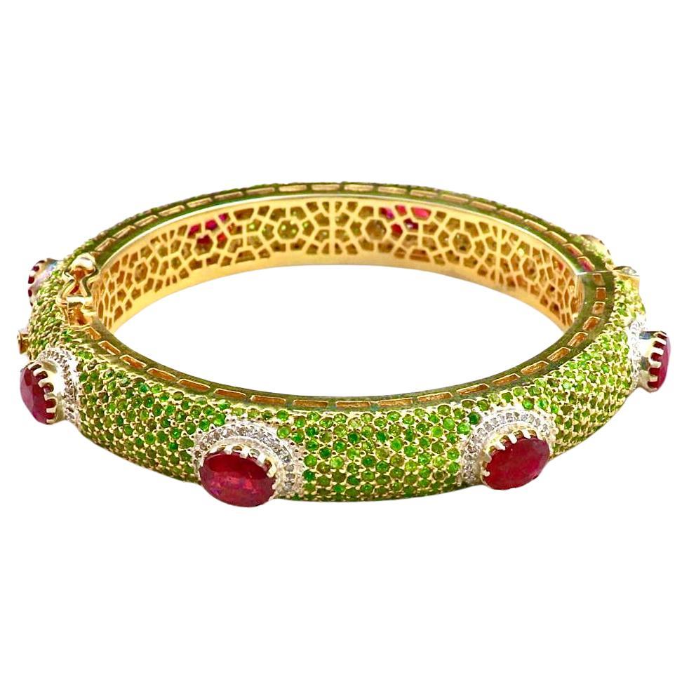 Bochic “Capri” Emerald, Ruby & Diamond Bangle Set In 18K Gold & Silver