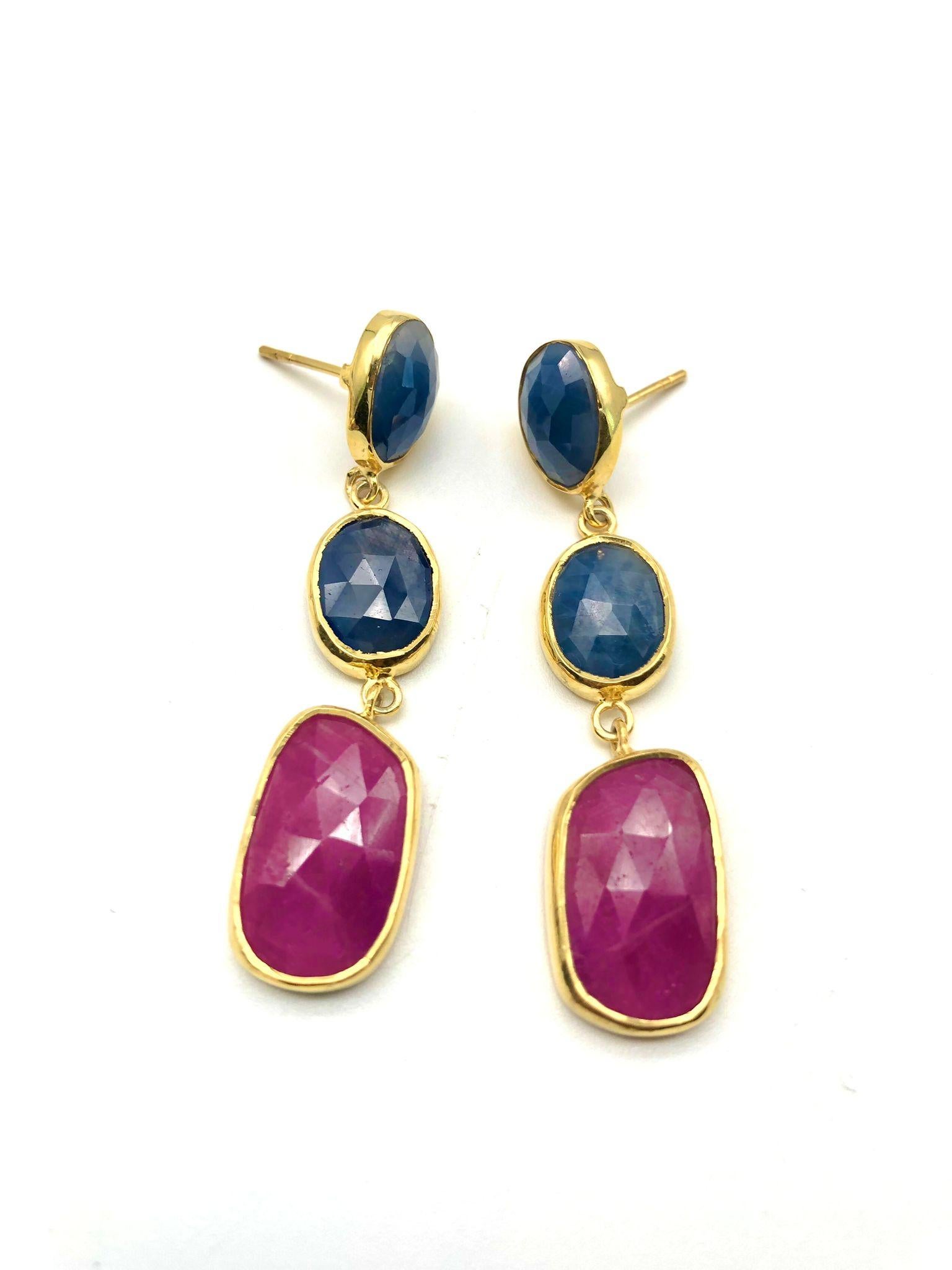 Women's or Men's Bochic “Capri” Emerald, Ruby & Multi Rough Cut Sapphire Earrings Set In 18K Gold For Sale