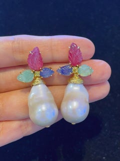 Bochic “Capri” Emerald, Ruby & Sapphire Earrings Set in 22k Gold & Silver