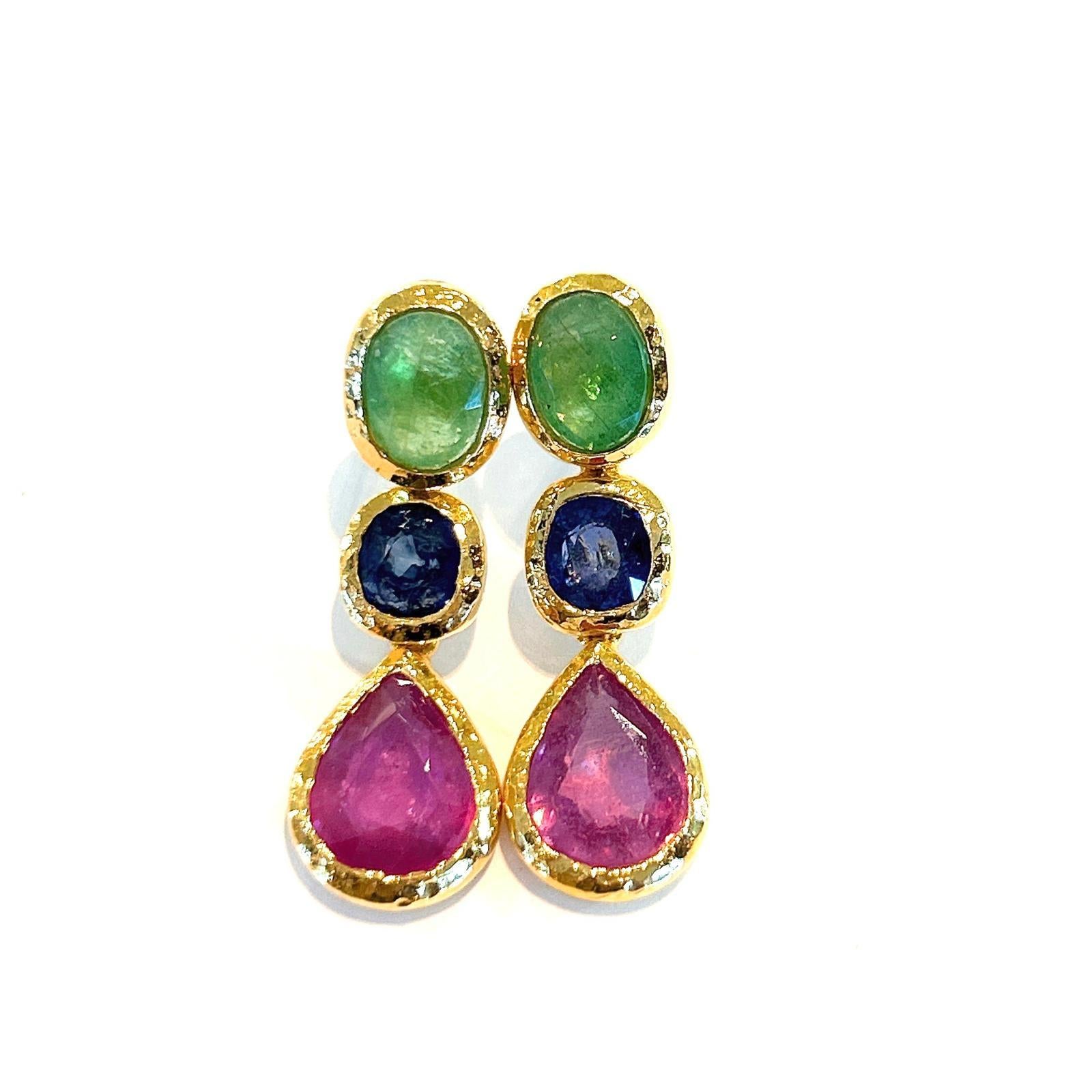 Bochic “Capri” Emerald, Ruby & Sapphire Earrings Set In 22K Gold & Silver 
From the “Capri” collection 
Natural Red Ruby - 7 carats 
Pear shape 
Natural Blue color sapphires, Oval brilliant  - 2 carats 
From Sri Lanka 
Natural Green Emeralds, Oval