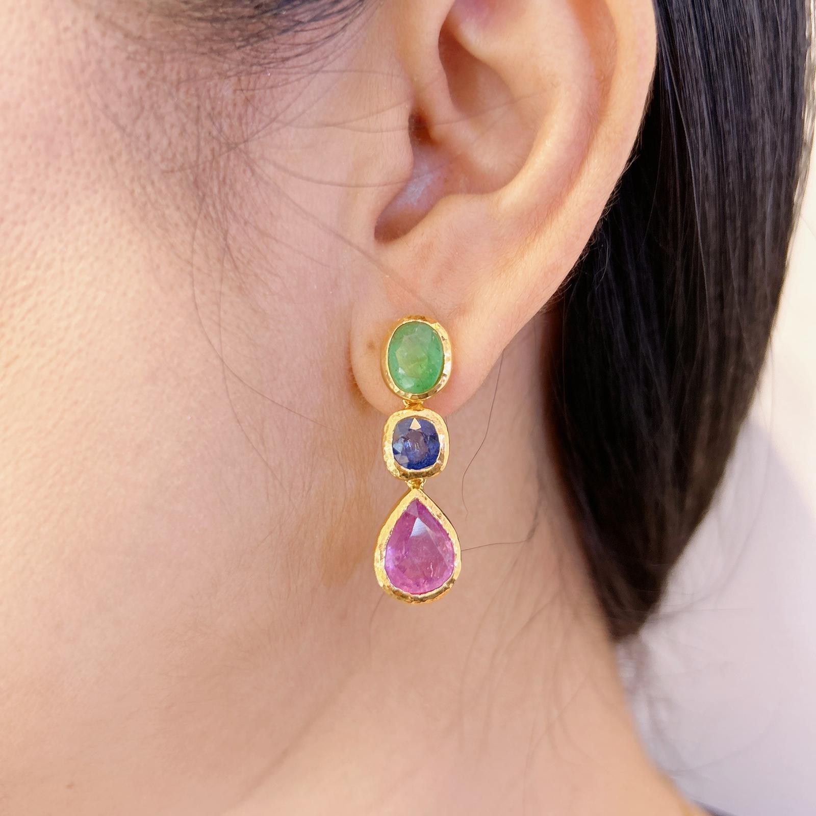 Brilliant Cut Bochic “Capri” Emerald, Ruby & Sapphire Earrings Set in 22k Gold & Silver For Sale