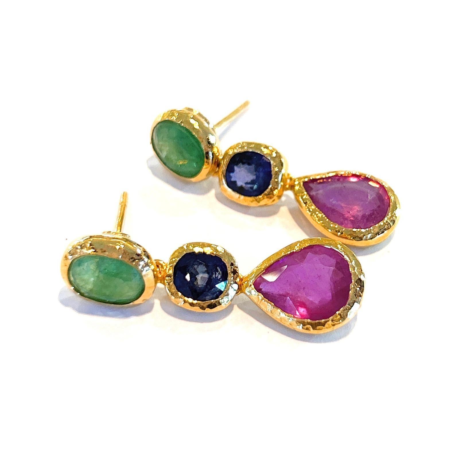 Women's Bochic “Capri” Emerald, Ruby & Sapphire Earrings Set in 22k Gold & Silver For Sale