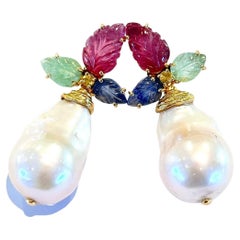 Bochic “Capri” Emerald, Ruby & Sapphire Earrings Set in 22k Gold & Silver
