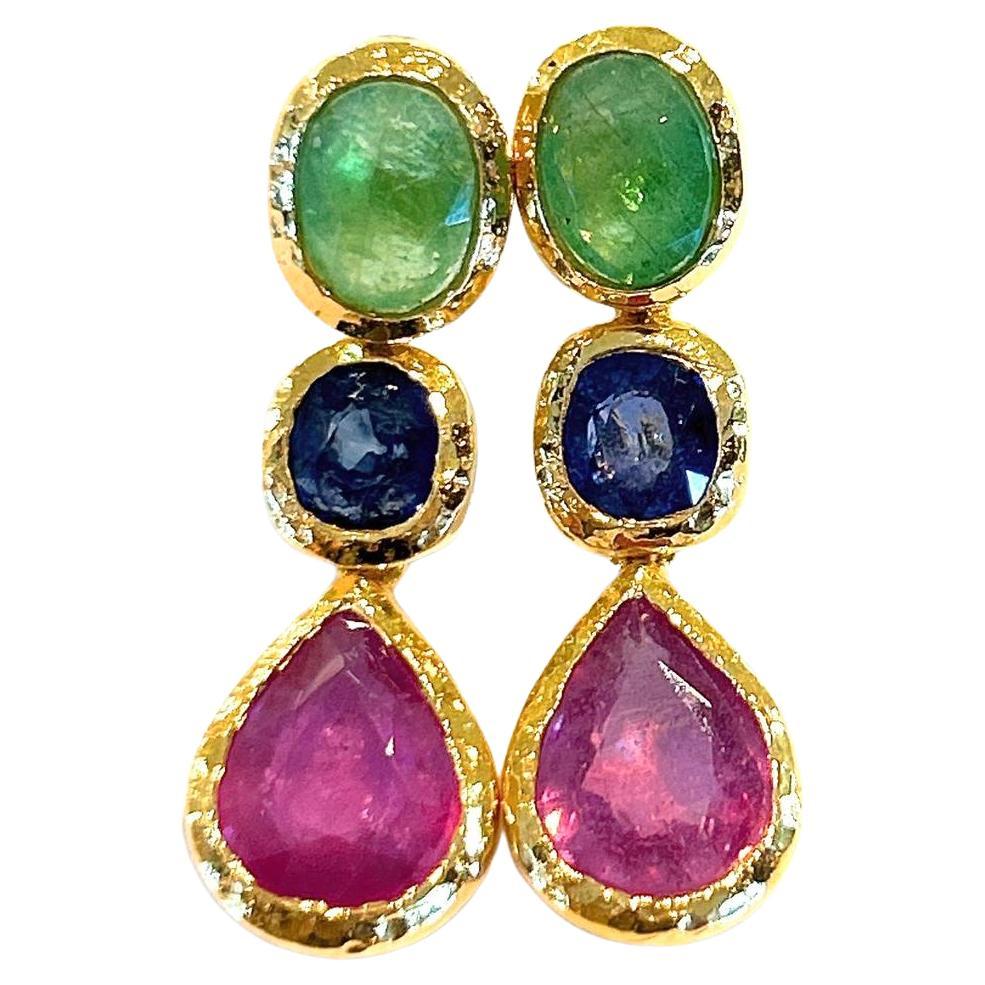 Bochic “Capri” Emerald, Ruby & Sapphire Earrings Set in 22k Gold & Silver For Sale