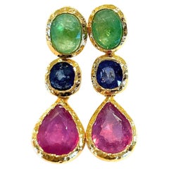 Bochic “Capri” Emerald, Ruby & Sapphire Earrings Set in 22k Gold & Silver