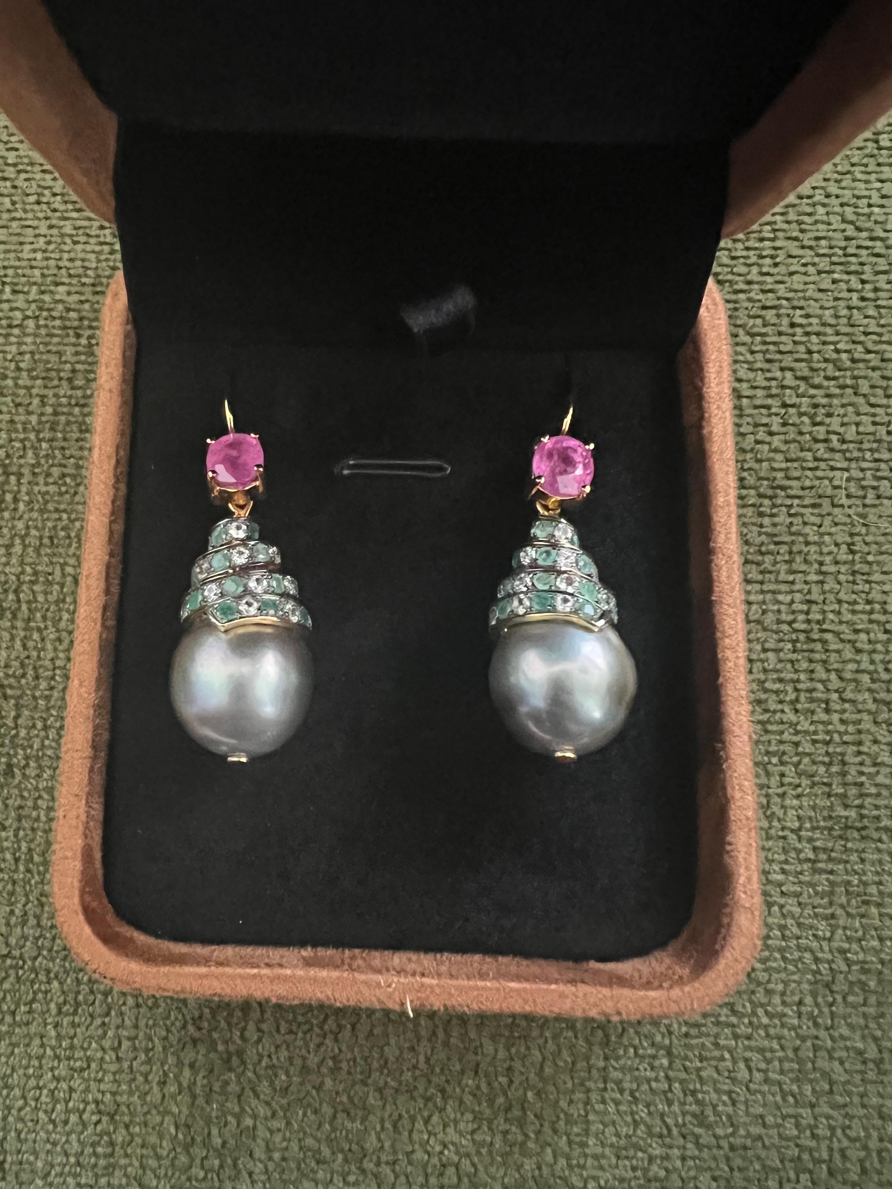 Bochic “Capri” Emerald, Ruby & South Sea Pearl Earrings Set In 18K Gold & Silver For Sale 5