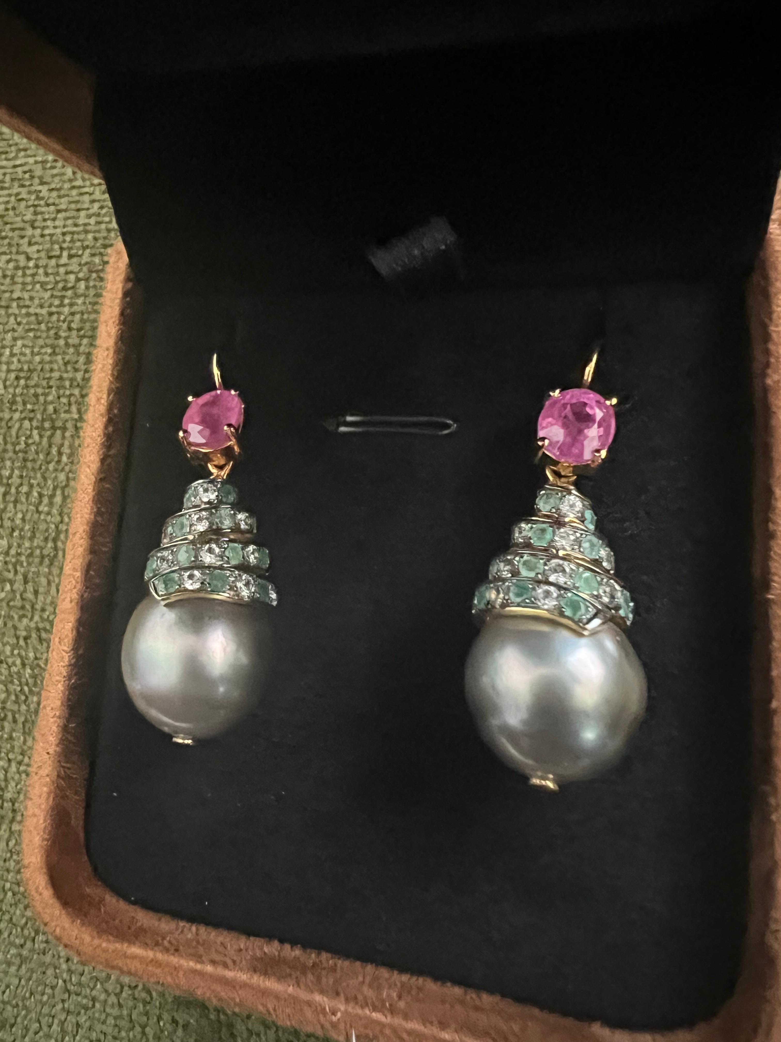Bochic “Capri” Emerald, Ruby & South Sea Pearl Earrings Set In 18K Gold & Silver For Sale 6