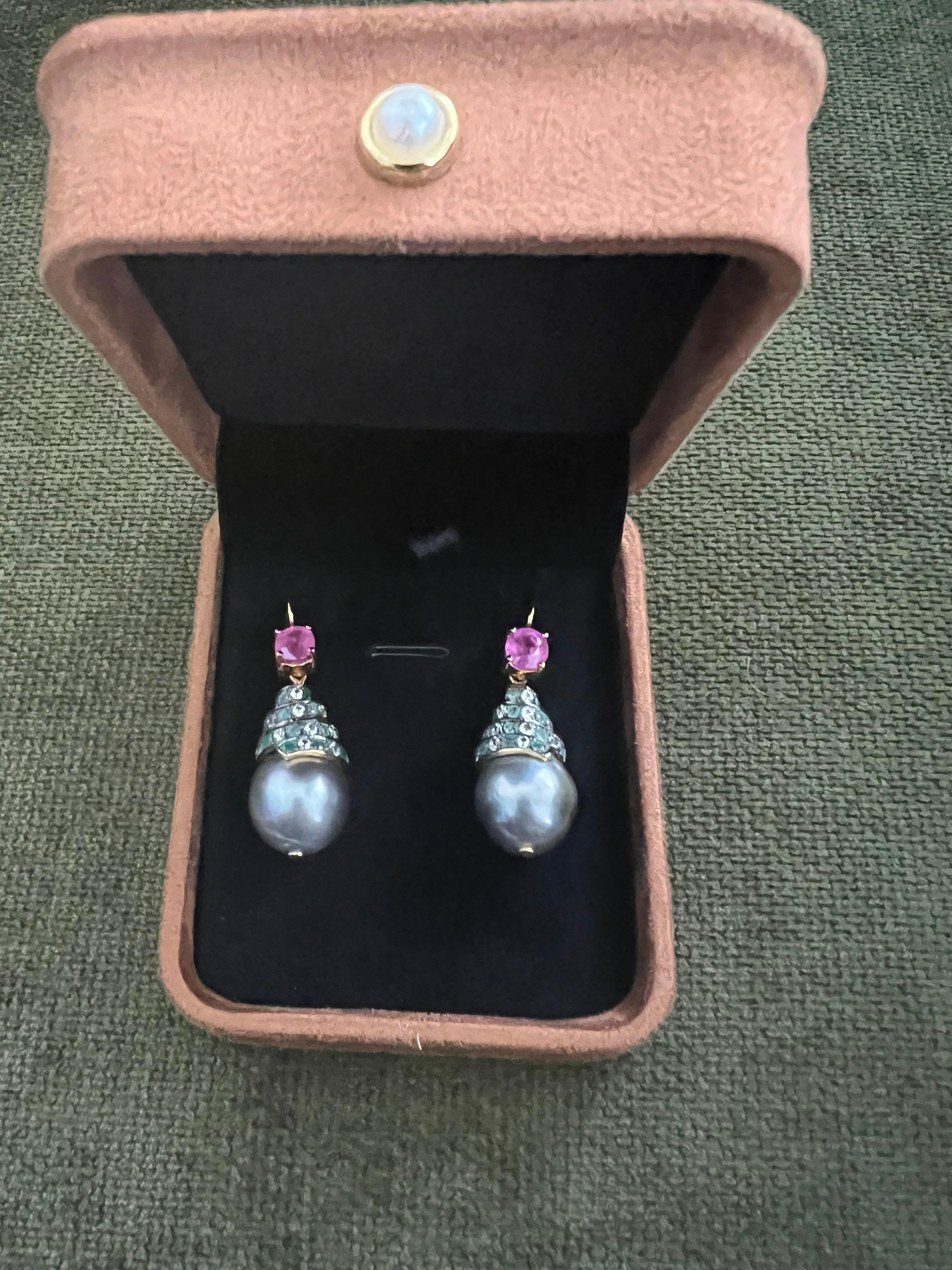 Art Deco Bochic “Capri” Emerald, Ruby & South Sea Pearl Earrings Set In 18K Gold & Silver For Sale