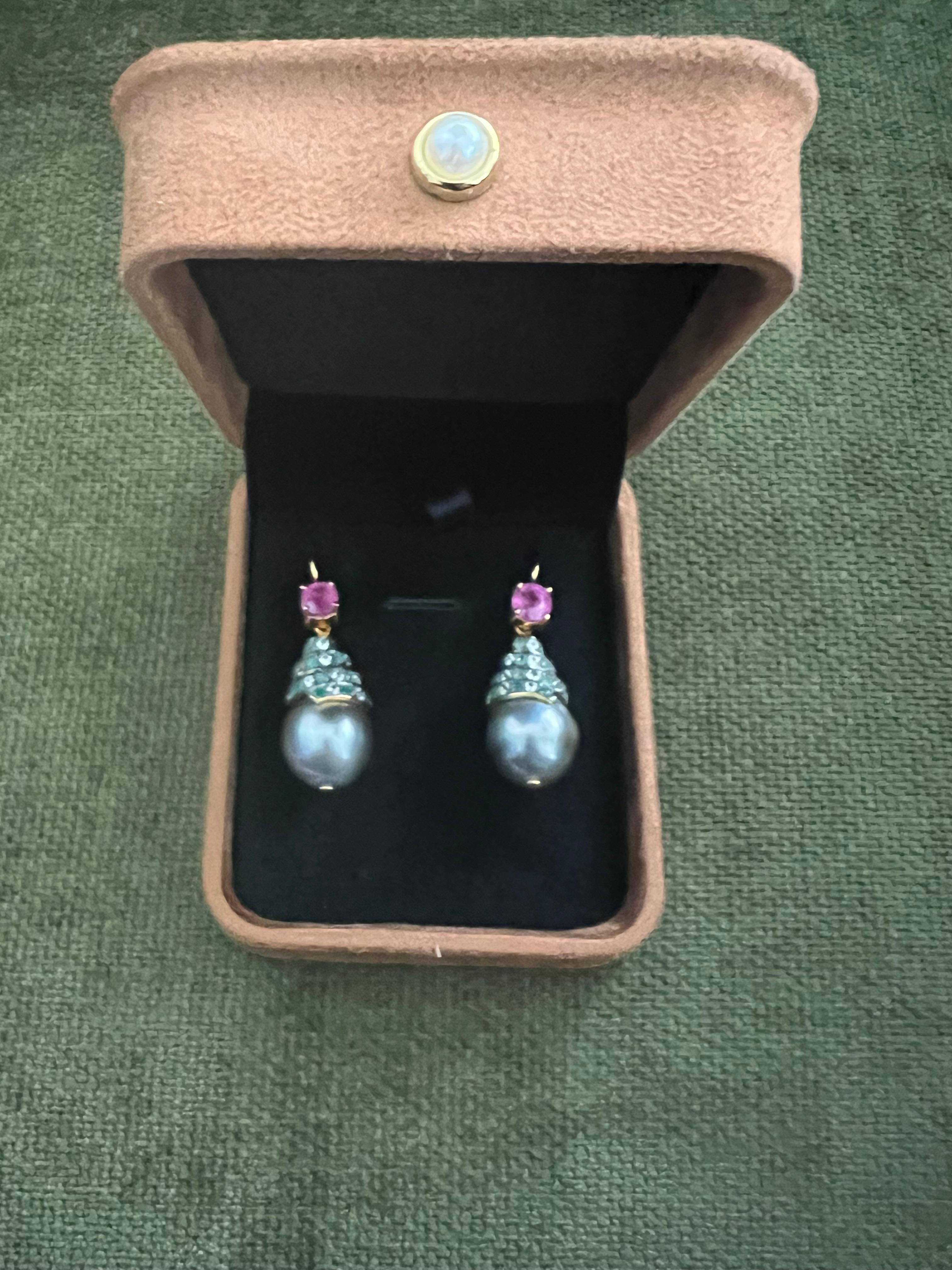 Brilliant Cut Bochic “Capri” Emerald, Ruby & South Sea Pearl Earrings Set In 18K Gold & Silver For Sale