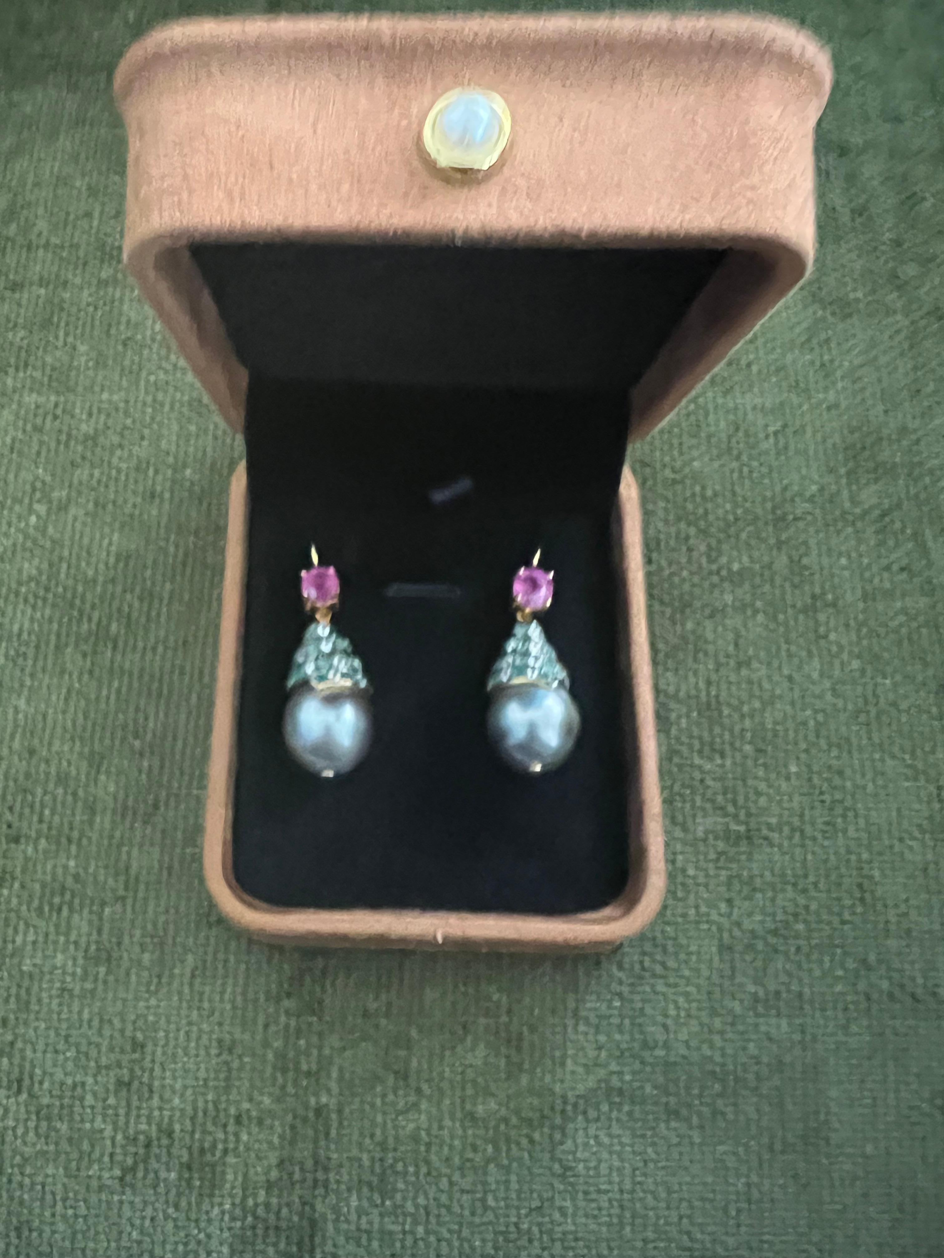 Bochic “Capri” Emerald, Ruby & South Sea Pearl Earrings Set In 18K Gold & Silver In New Condition For Sale In New York, NY