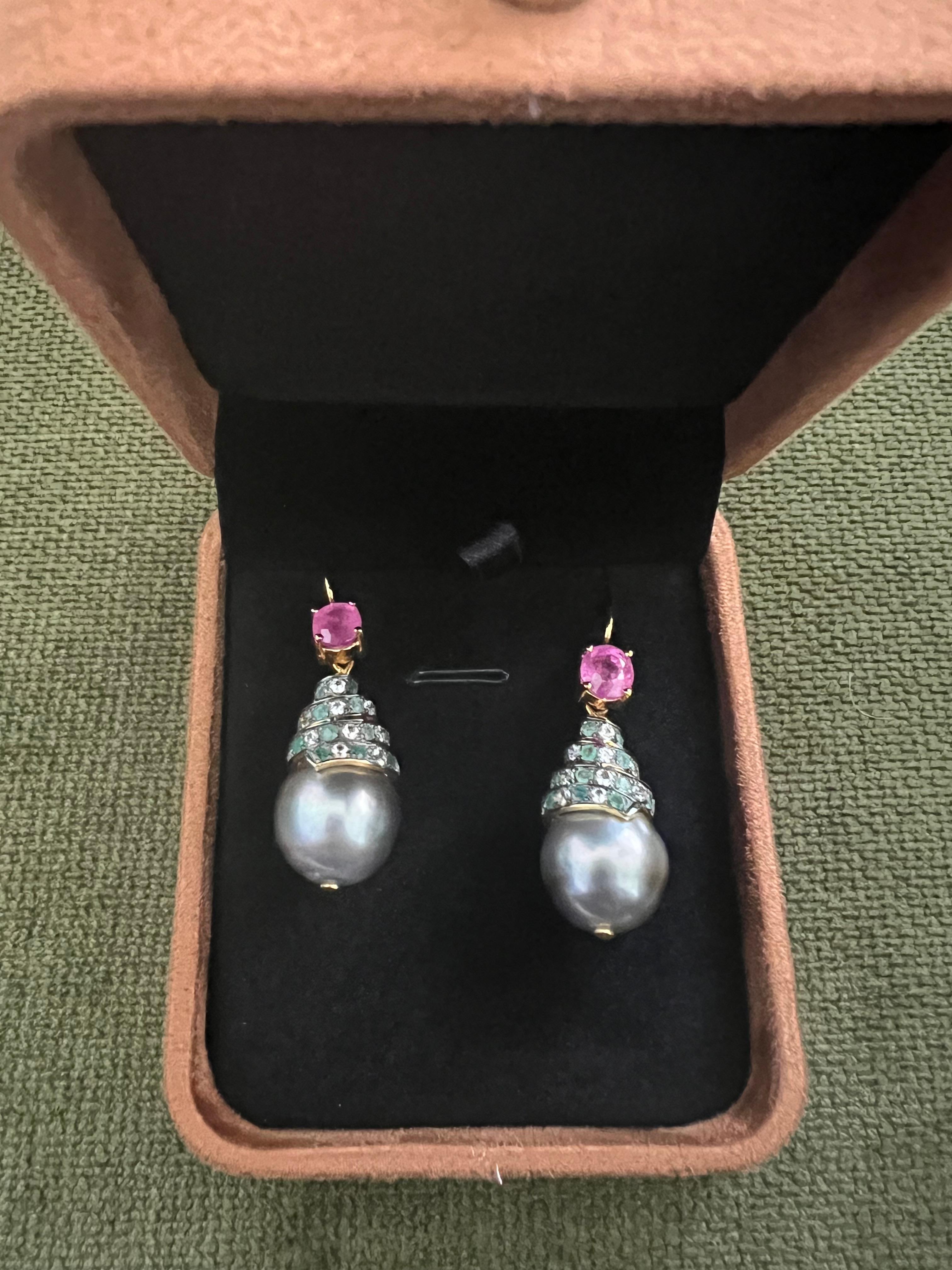 Bochic “Capri” Emerald, Ruby & South Sea Pearl Earrings Set In 18K Gold & Silver For Sale 1