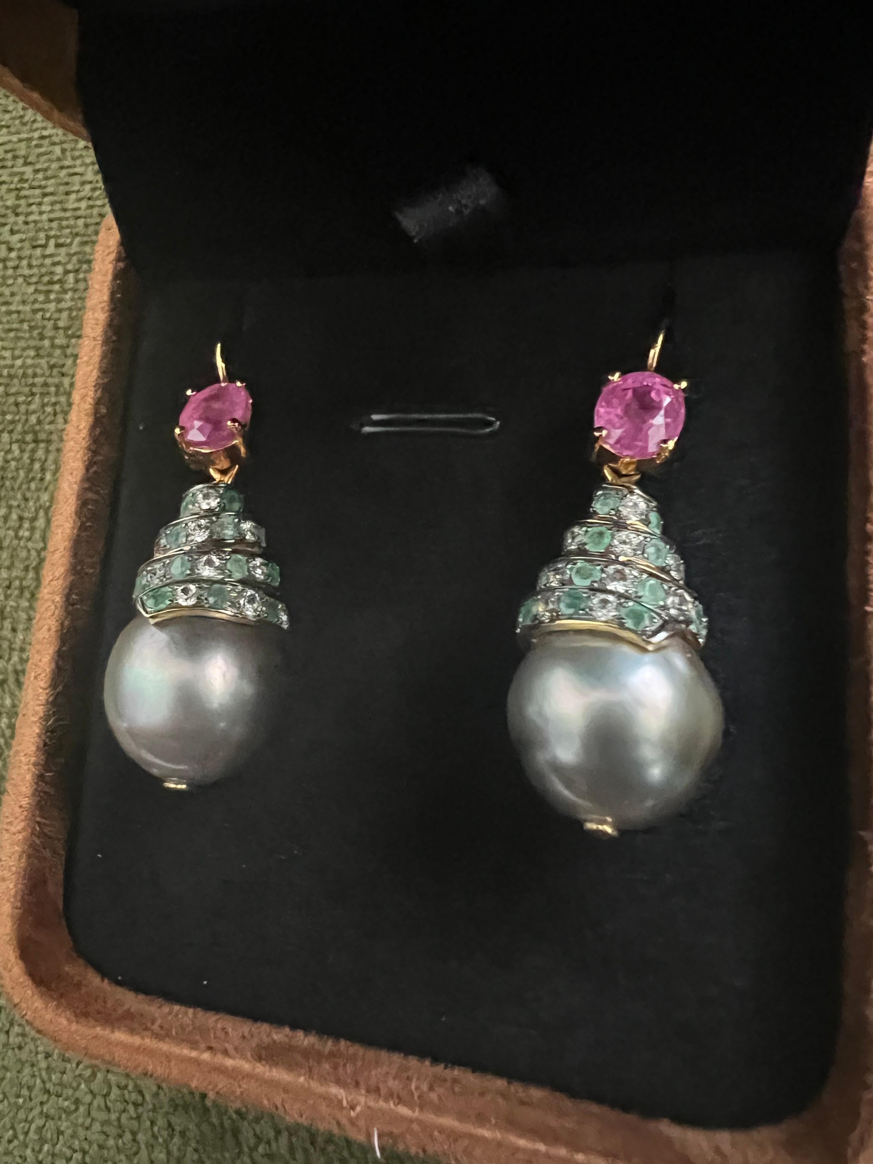 Bochic “Capri” Emerald, Ruby & South Sea Pearl Earrings Set In 18K Gold & Silver For Sale 2