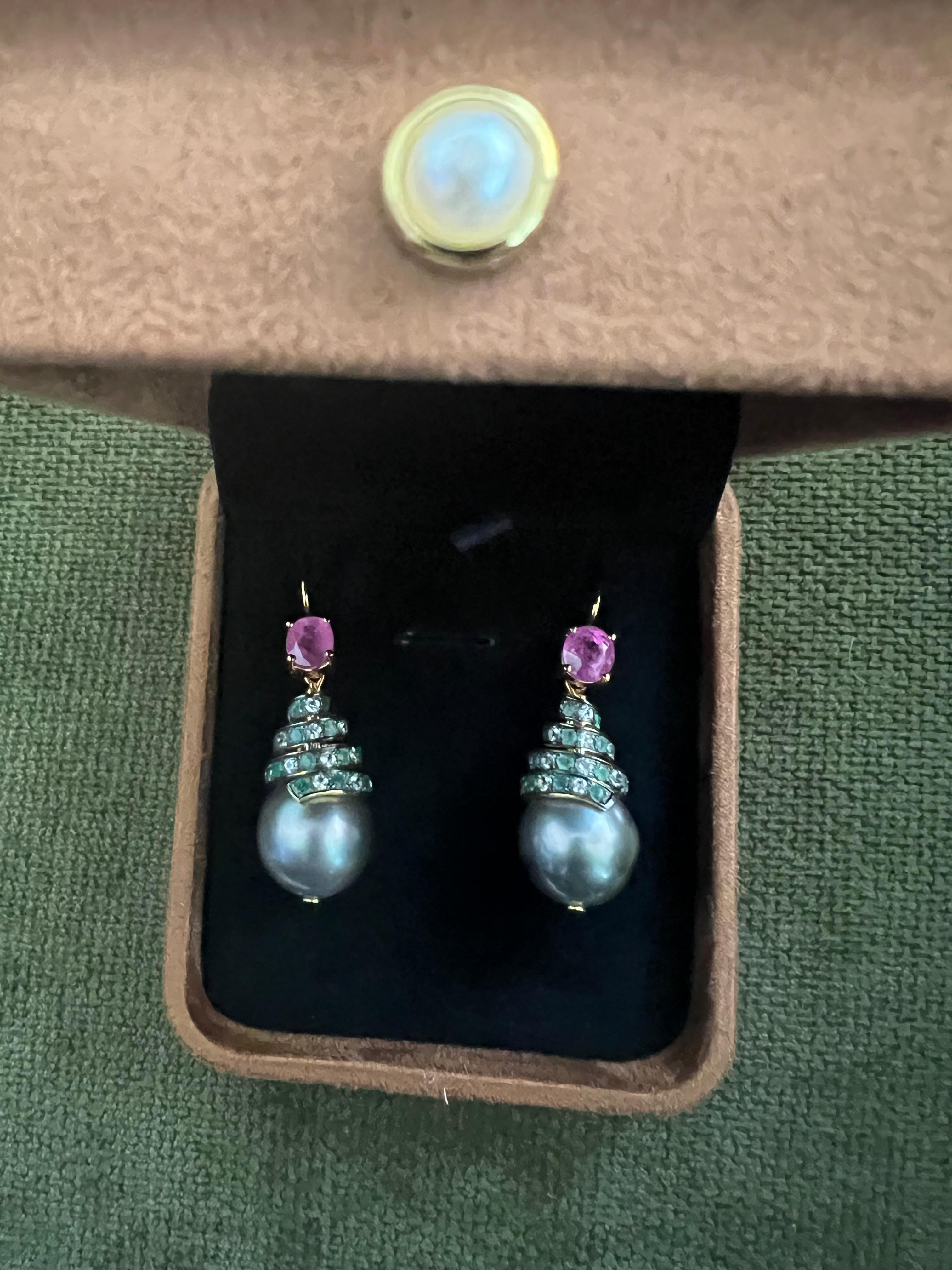 Bochic “Capri” Emerald, Ruby & South Sea Pearl Earrings Set In 18K Gold & Silver For Sale 3
