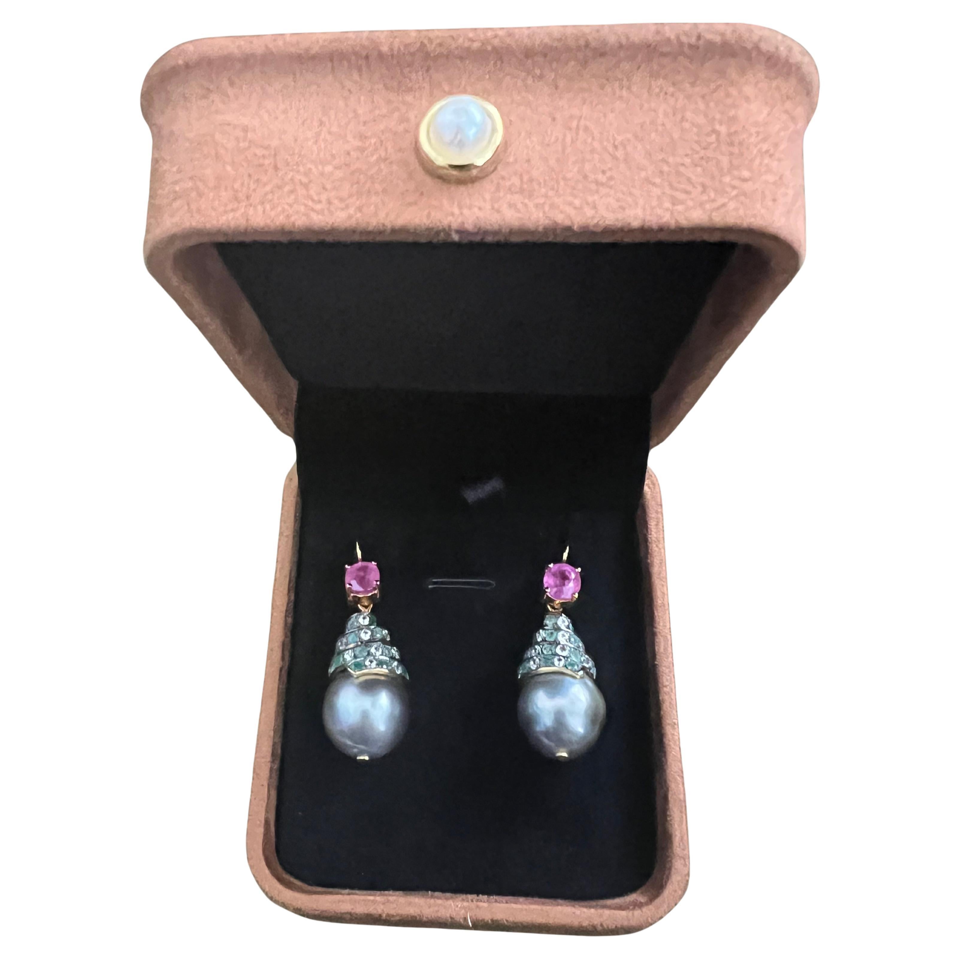 Bochic “Capri” Emerald, Ruby & South Sea Pearl Earrings Set In 18K Gold & Silver