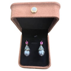 Bochic “Capri” Emerald, Ruby & South Sea Pearl Earrings Set In 18K Gold & Silver