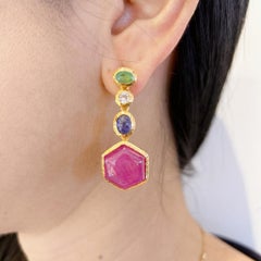 Bochic “Capri” Emerald, Sapphire & Ruby Earrings Set in 18K Gold & Silver