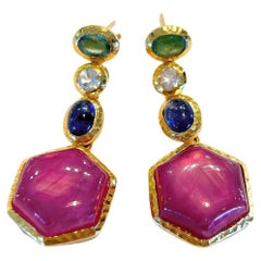 Bochic “Capri” Emerald, Sapphire & Ruby Earrings Set in 18K Gold & Silver 