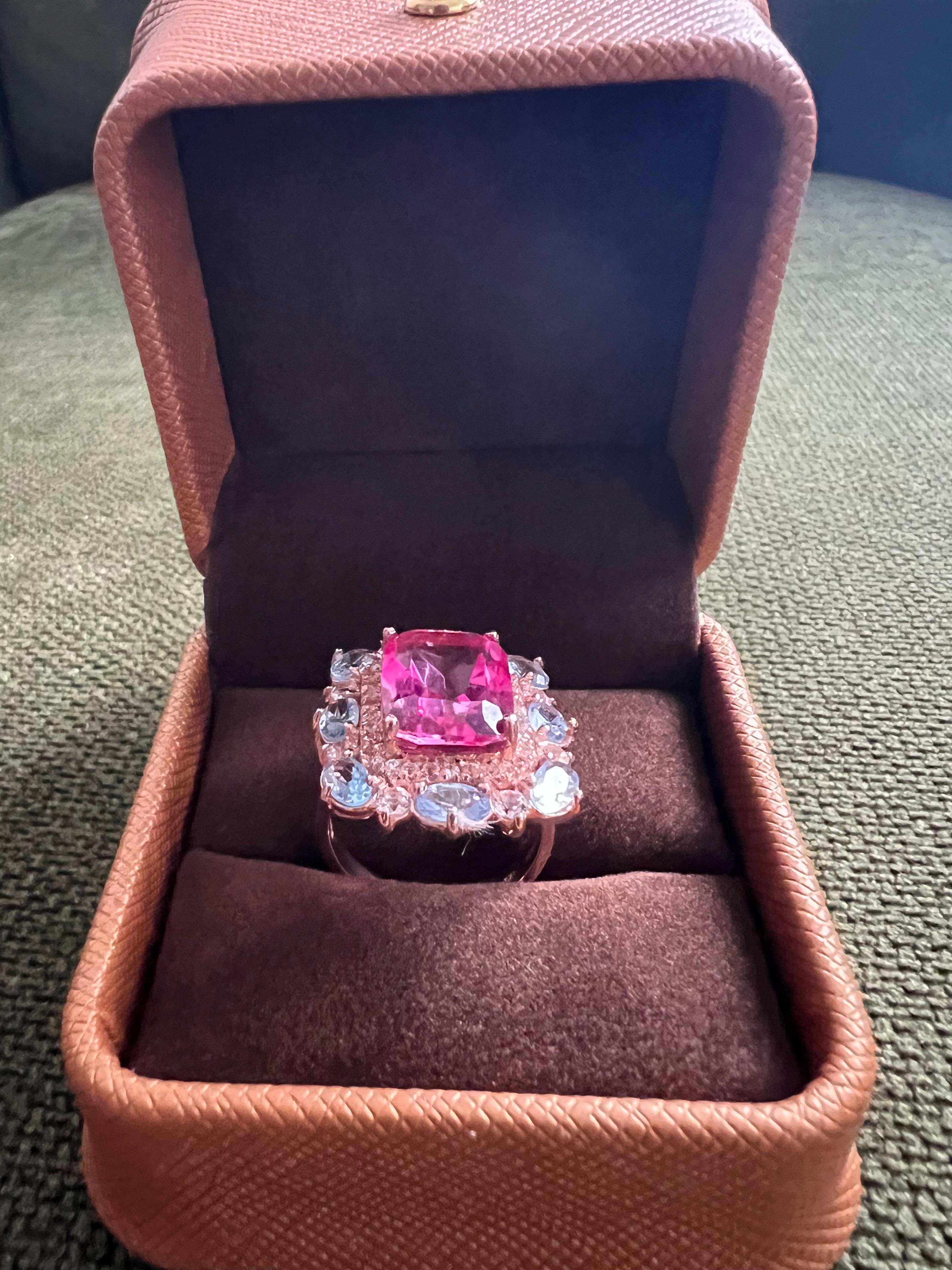 Bochic “Capri” Emerald Shape Pink Topaz & Tanzanite Ring Set 18K Gold & Silver For Sale 4