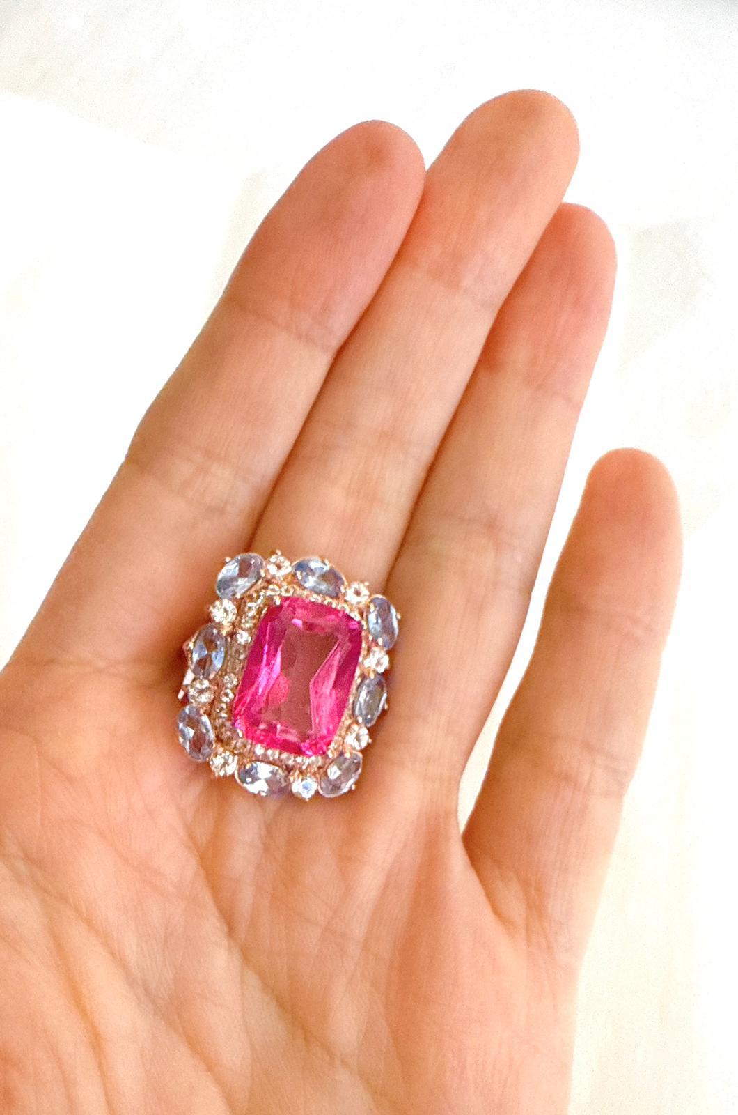 Bochic “Capri” Emerald Shape Pink Topaz & Tanzanite Ring Set 18K Gold & Silver For Sale 6