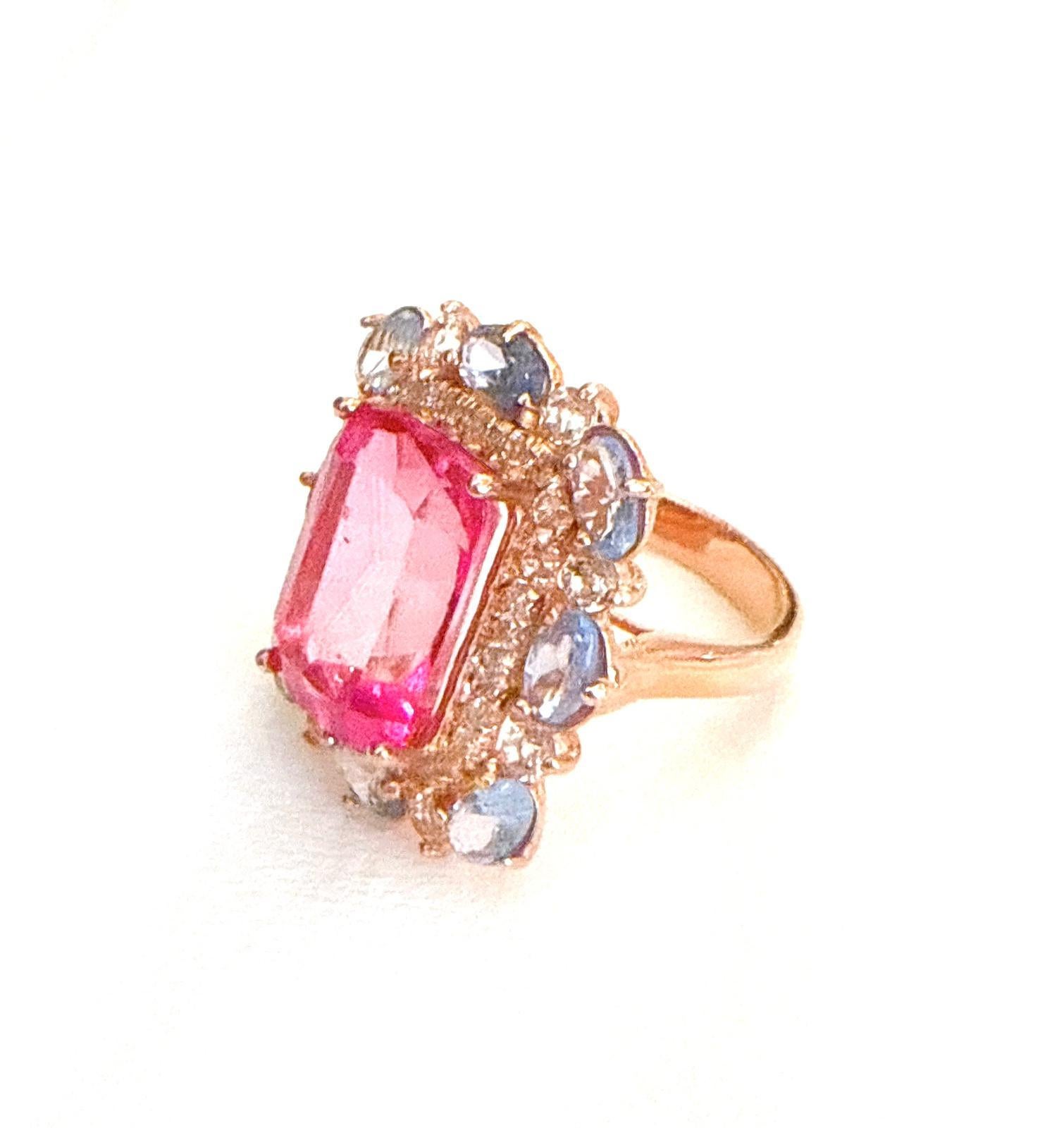Bochic “Capri” Emerald Shape Pink Topaz & Tanzanite Ring Set 18K Gold & Silver For Sale 7