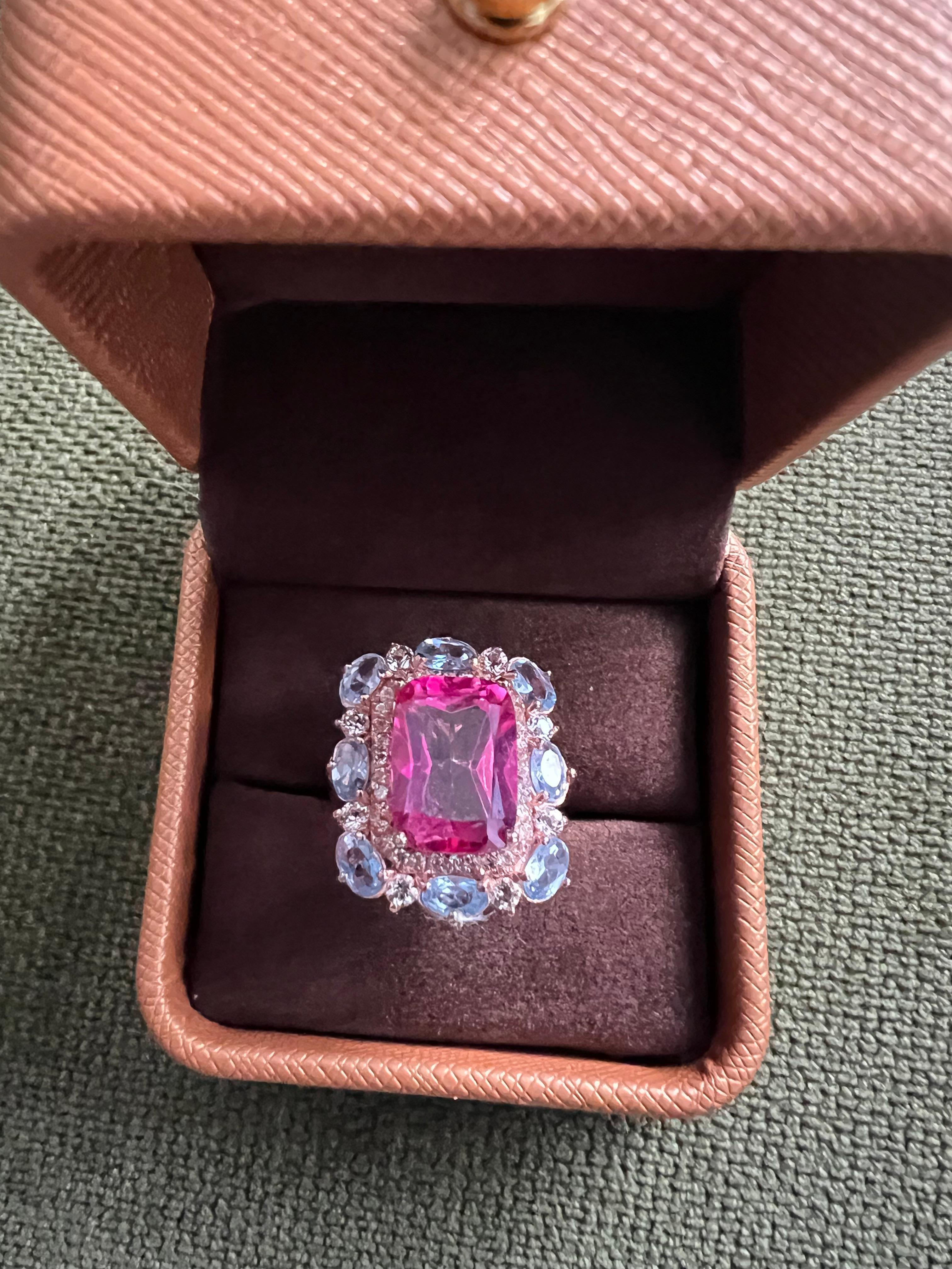Classical Roman Bochic “Capri” Emerald Shape Pink Topaz & Tanzanite Ring Set 18K Gold & Silver For Sale