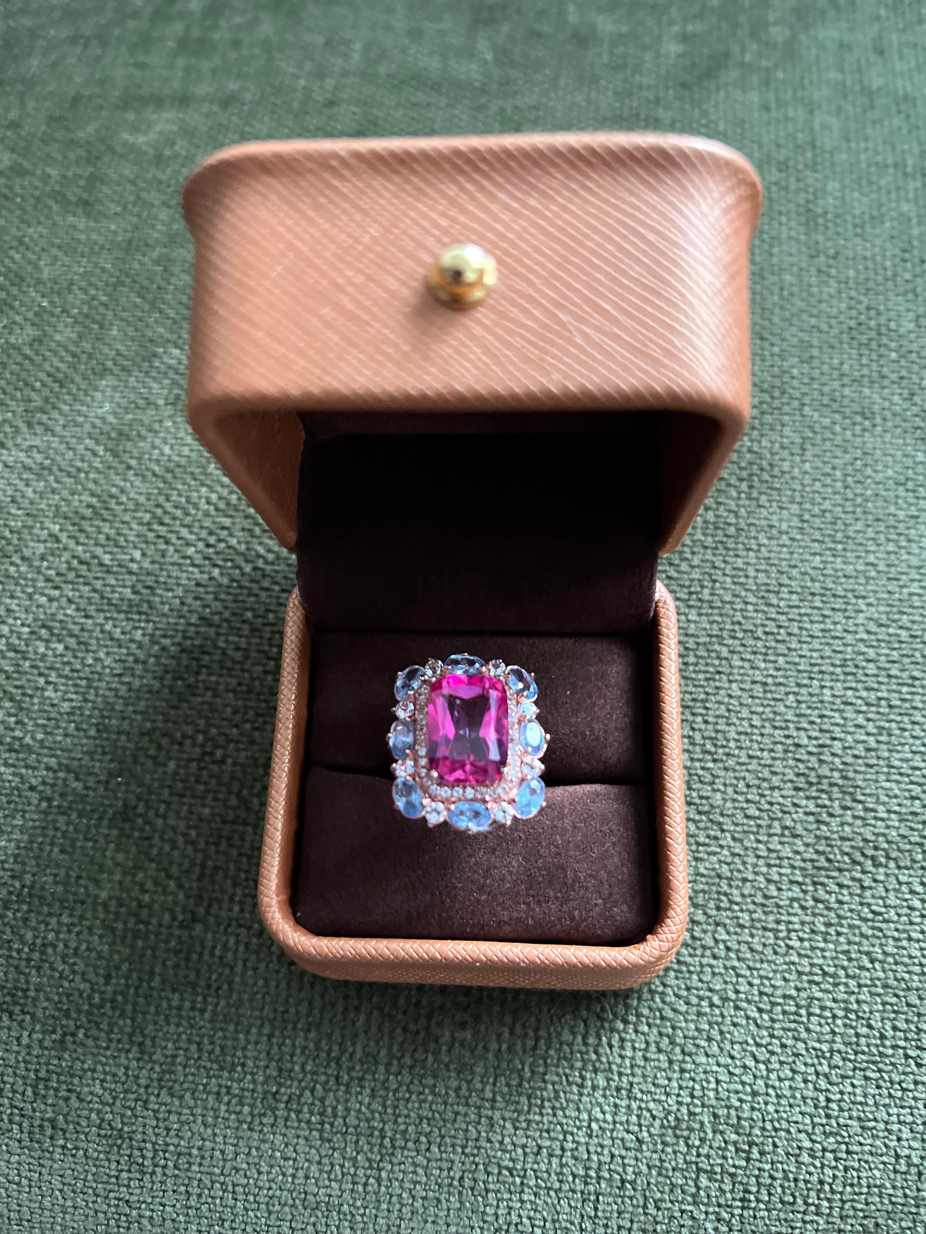 Emerald Cut Bochic “Capri” Emerald Shape Pink Topaz & Tanzanite Ring Set 18K Gold & Silver For Sale