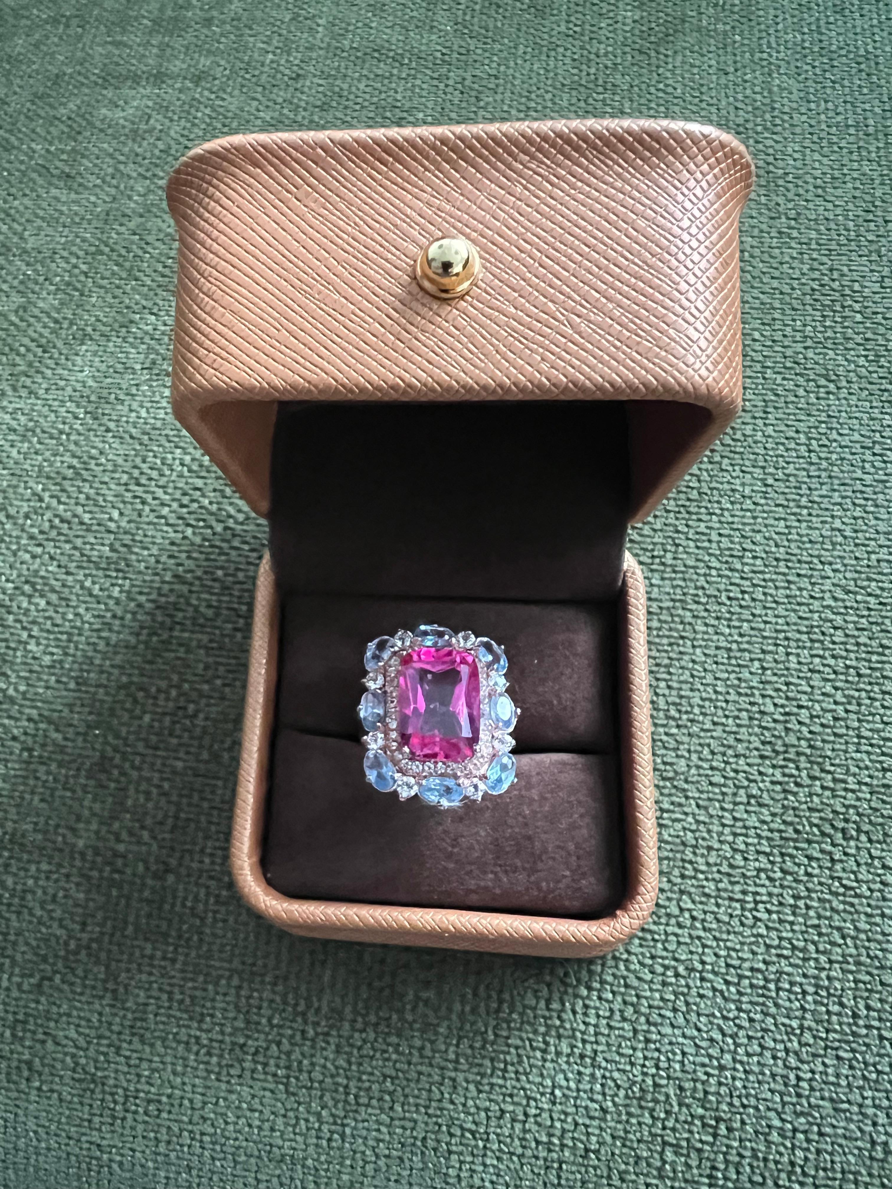 Bochic “Capri” Emerald Shape Pink Topaz & Tanzanite Ring Set 18K Gold & Silver In New Condition For Sale In New York, NY