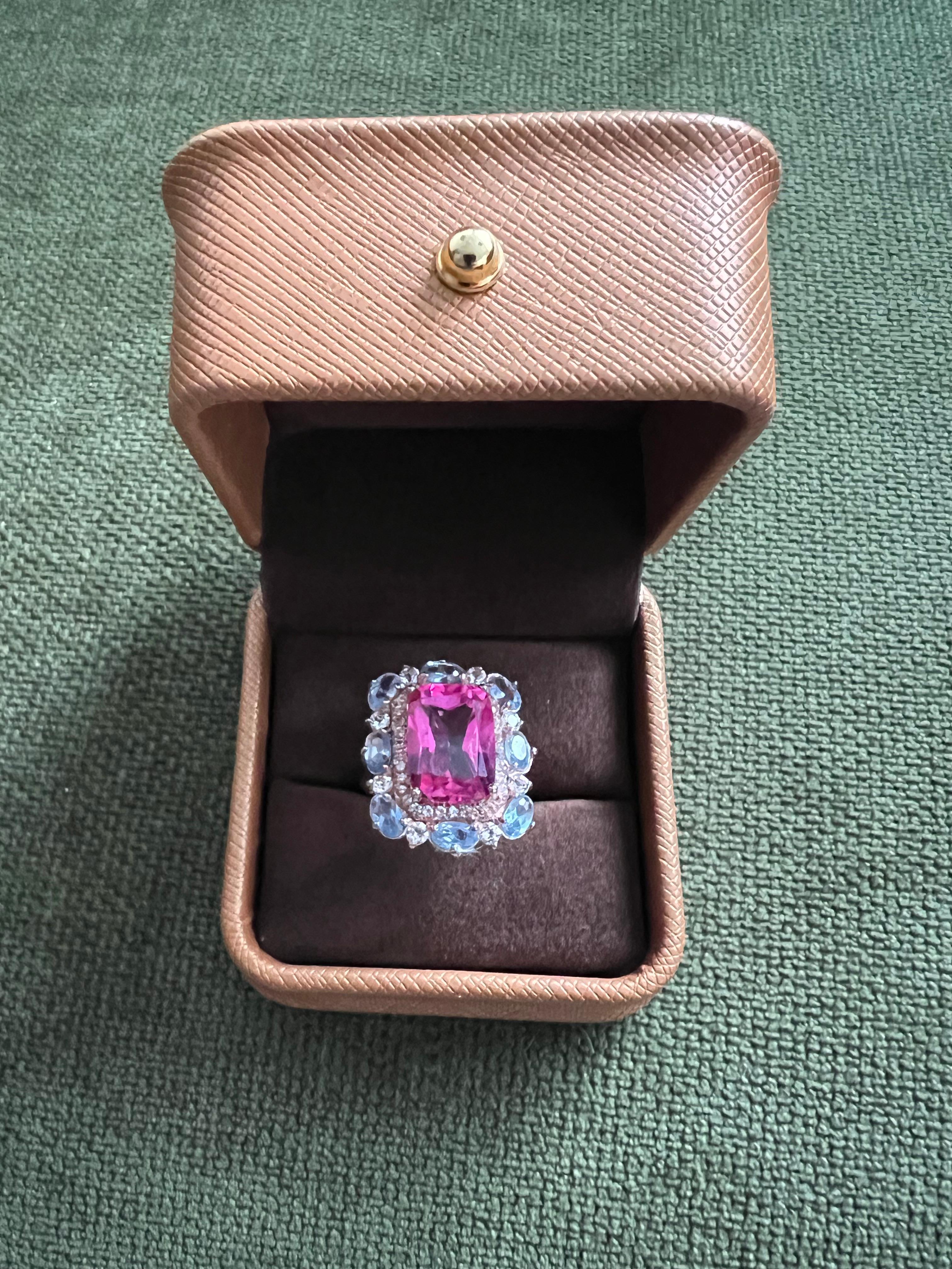 Women's or Men's Bochic “Capri” Emerald Shape Pink Topaz & Tanzanite Ring Set 18K Gold & Silver For Sale