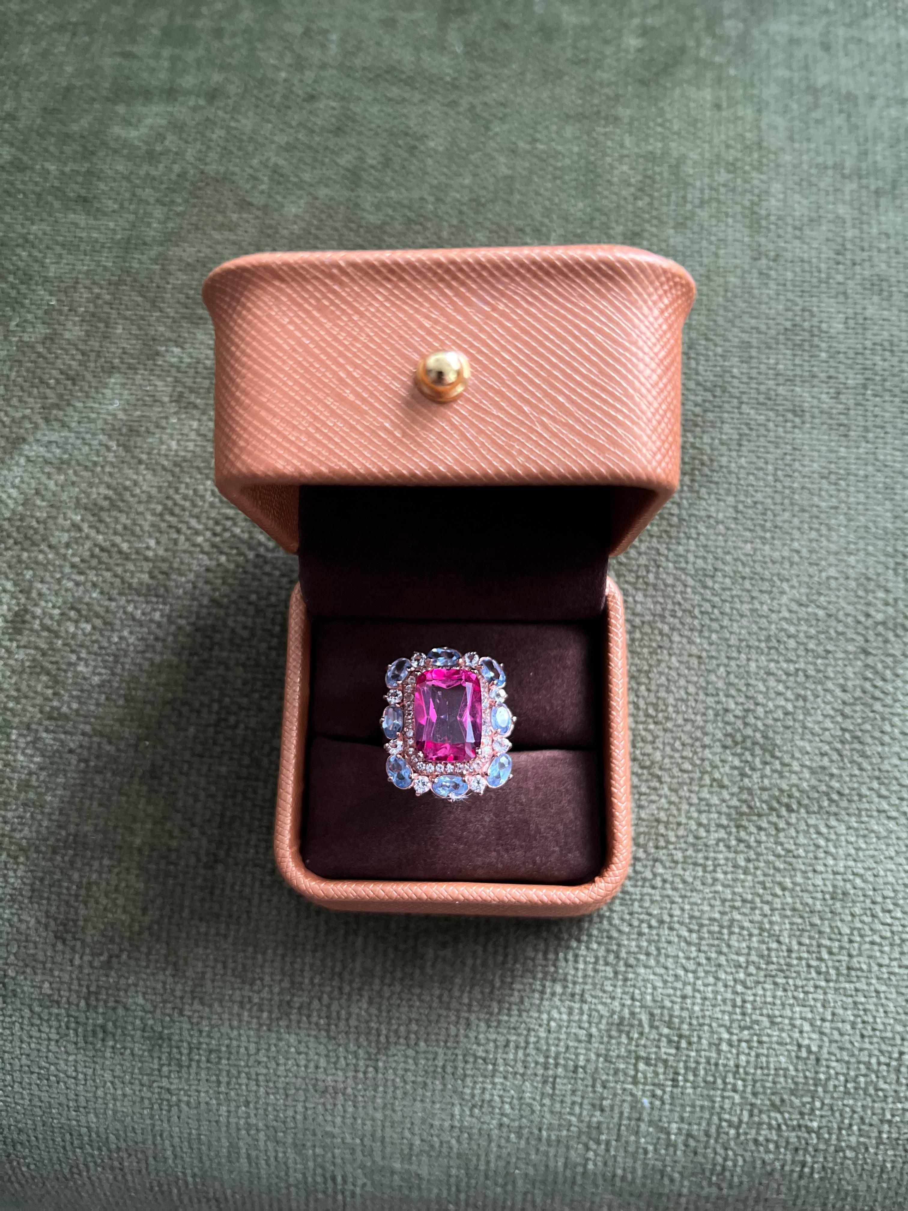 Bochic “Capri” Emerald Shape Pink Topaz & Tanzanite Ring Set 18K Gold & Silver For Sale 1