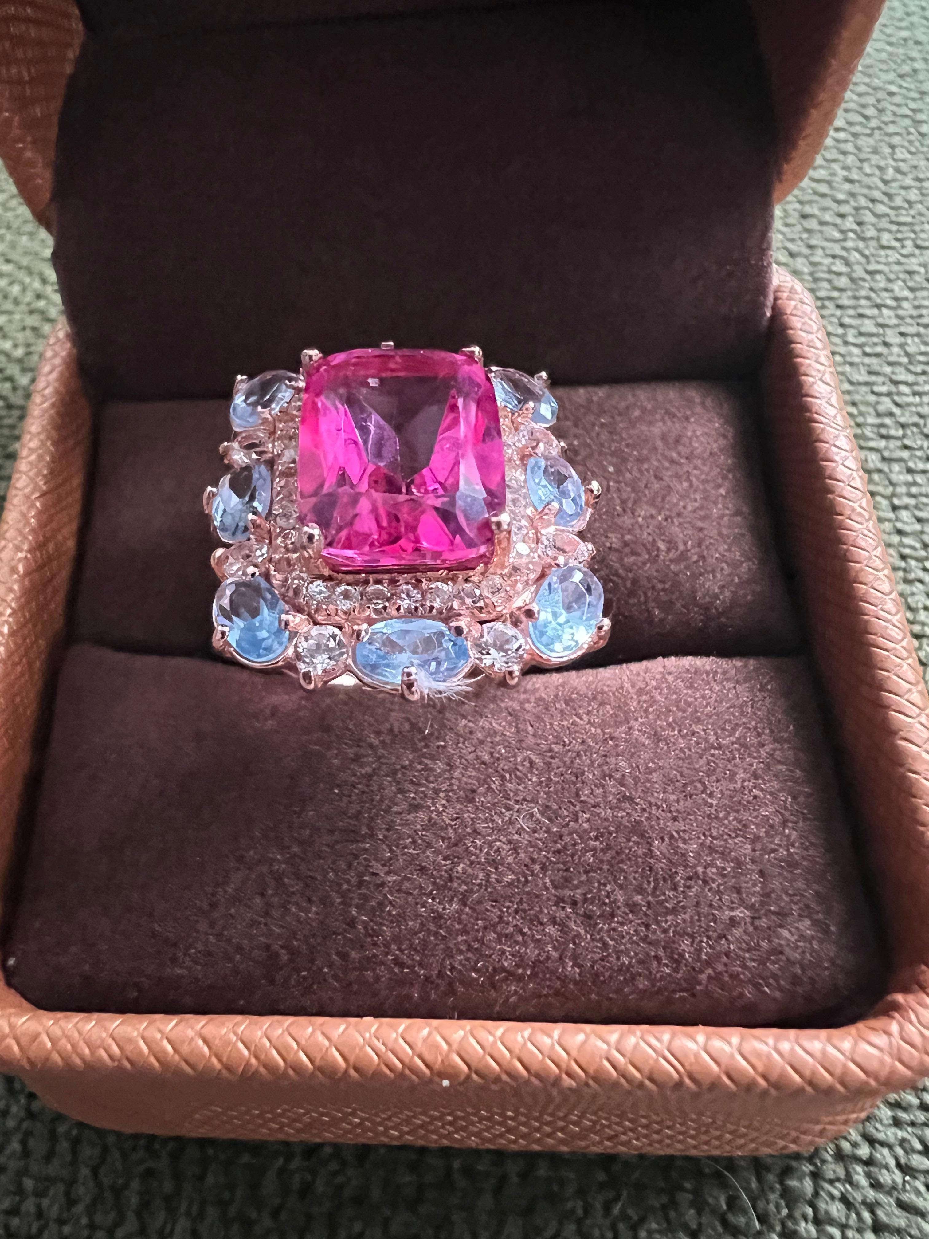 Bochic “Capri” Emerald Shape Pink Topaz & Tanzanite Ring Set 18K Gold & Silver For Sale 3