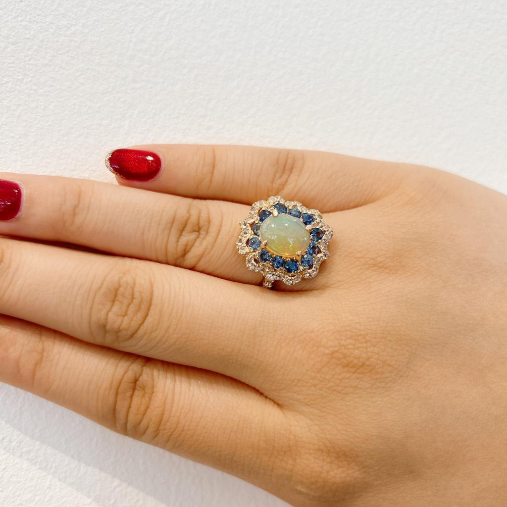 Baroque Bochic “Capri” Fire Opal, London Blue Topaz Ring In 18K Gold & Silver  For Sale