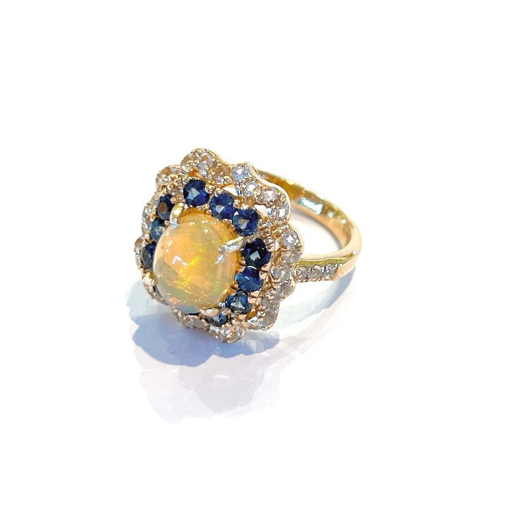 Brilliant Cut Bochic “Capri” Fire Opal, London Blue Topaz Ring In 18K Gold & Silver  For Sale