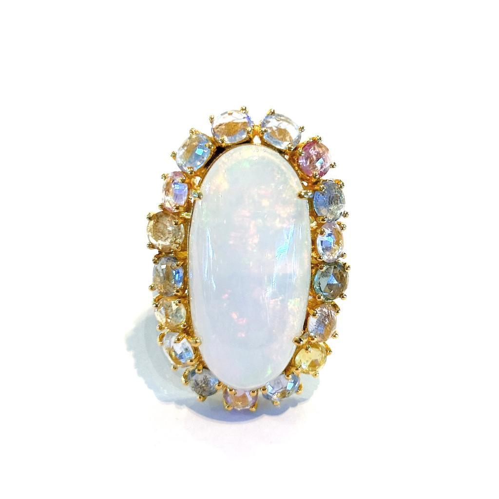 Bochic “Capri” Fire Opal & Multi Rose Sapphires Set in 18K Gold & Silver 
Natural Fire Opal Oval shape Cabochon - 12 Carats 
Natural Multi Pastel Color Rose Cut Sapphires from Sri Lank  - 14 carats 

This Ring is from the 