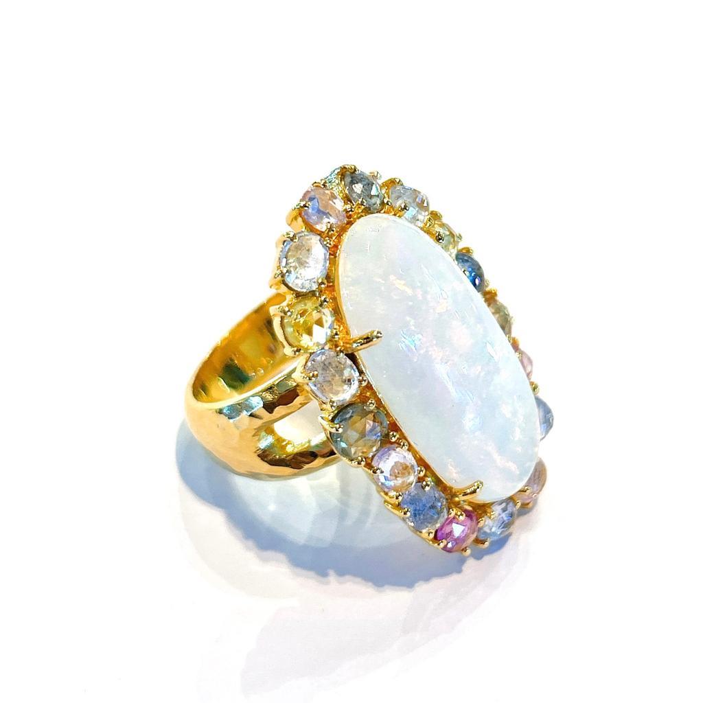 Rose Cut Bochic “Capri” Fire Opal & Multi Rose Sapphires Set in 18K Gold & Silver  For Sale