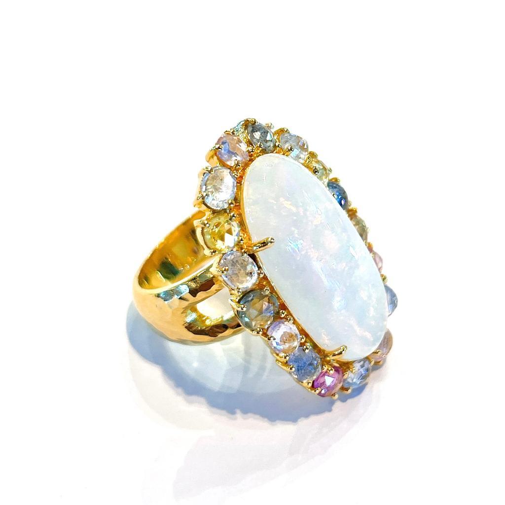 Rose Cut Bochic “Capri” Fire Opal & Multi Rose Sapphires Set in 18K Gold & Silver For Sale