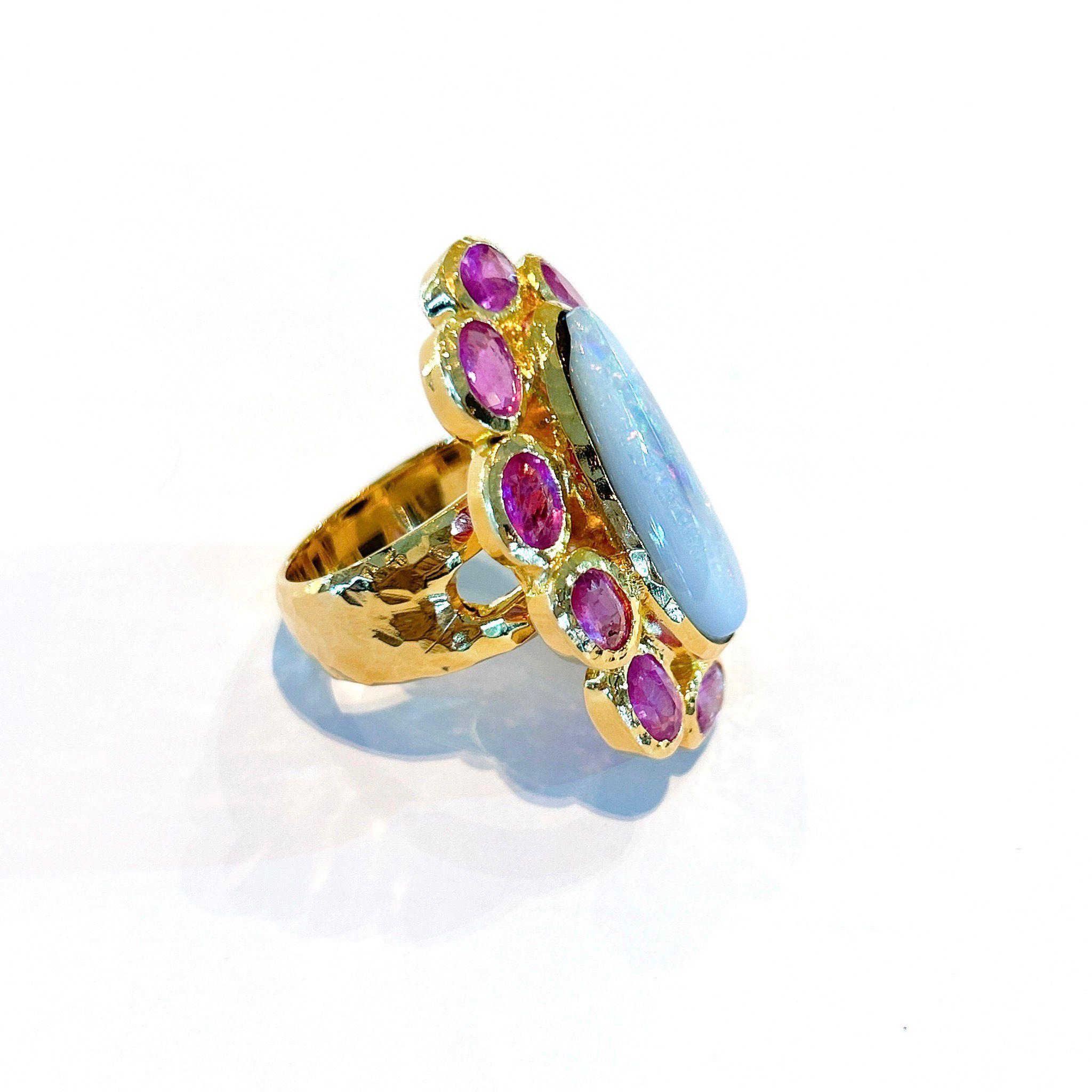 Oval Cut Bochic “Capri” Fire Opal @ Ruby Cocktail Ring Set in 22k Gold & Silver For Sale