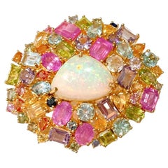 Bochic “Capri” Fire Opal, Ruby & Multi Sapphire Brooch Set in 22k Gold & Silver