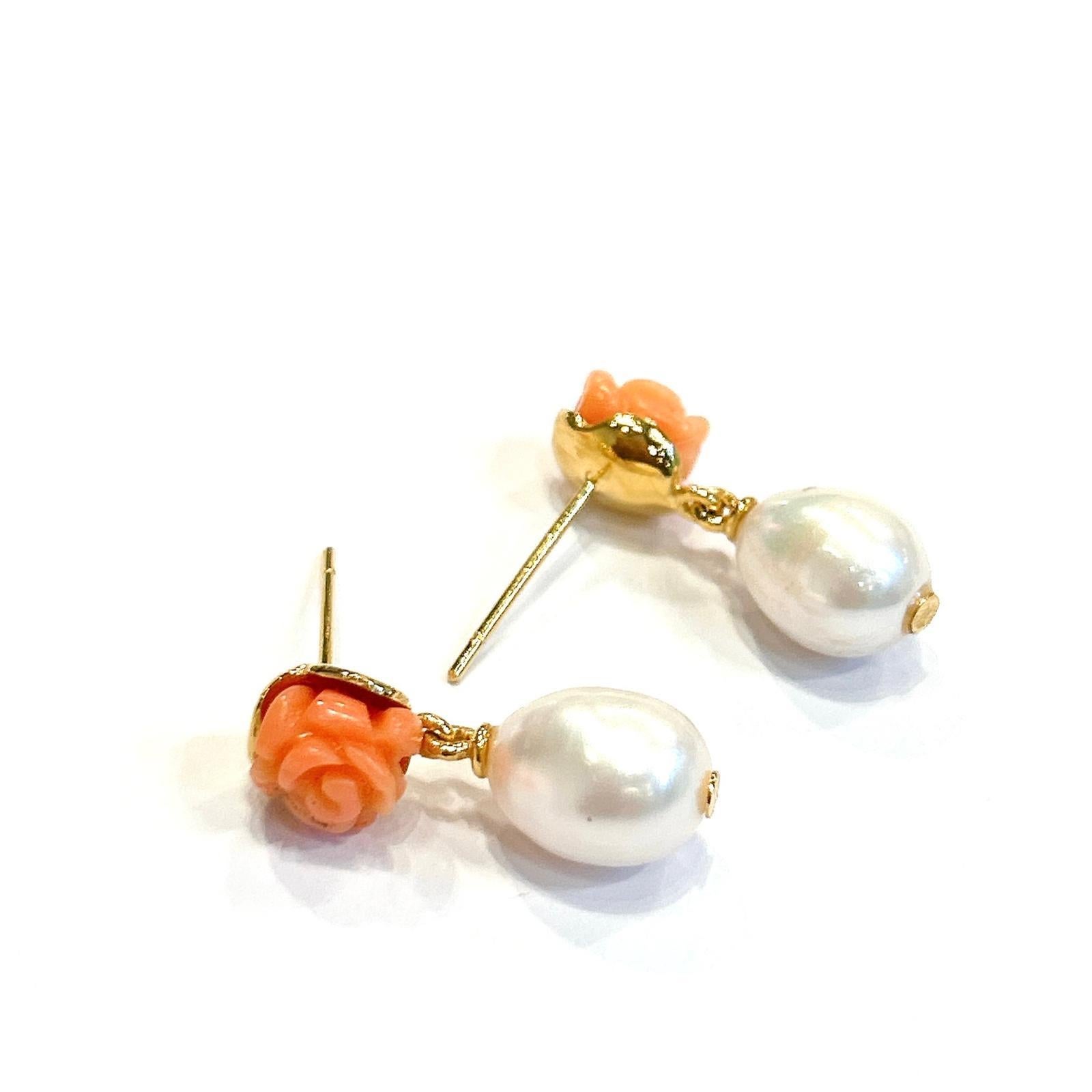 Baroque Bochic “Capri” Flower Coral & Pearl Earrings Set In 18K Gold & Silver For Sale