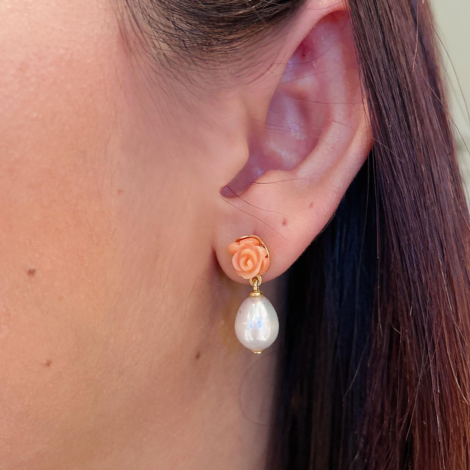 Bochic “Capri” Flower Coral & Pearl Earrings Set In 18K Gold & Silver For Sale 1